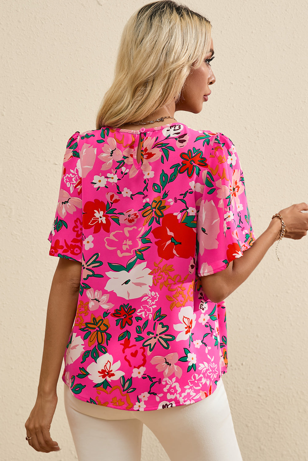 Pink Floral Short Sleeve Smocked Blouse-Tops/Blouses & Shirts-[Adult]-[Female]-2022 Online Blue Zone Planet