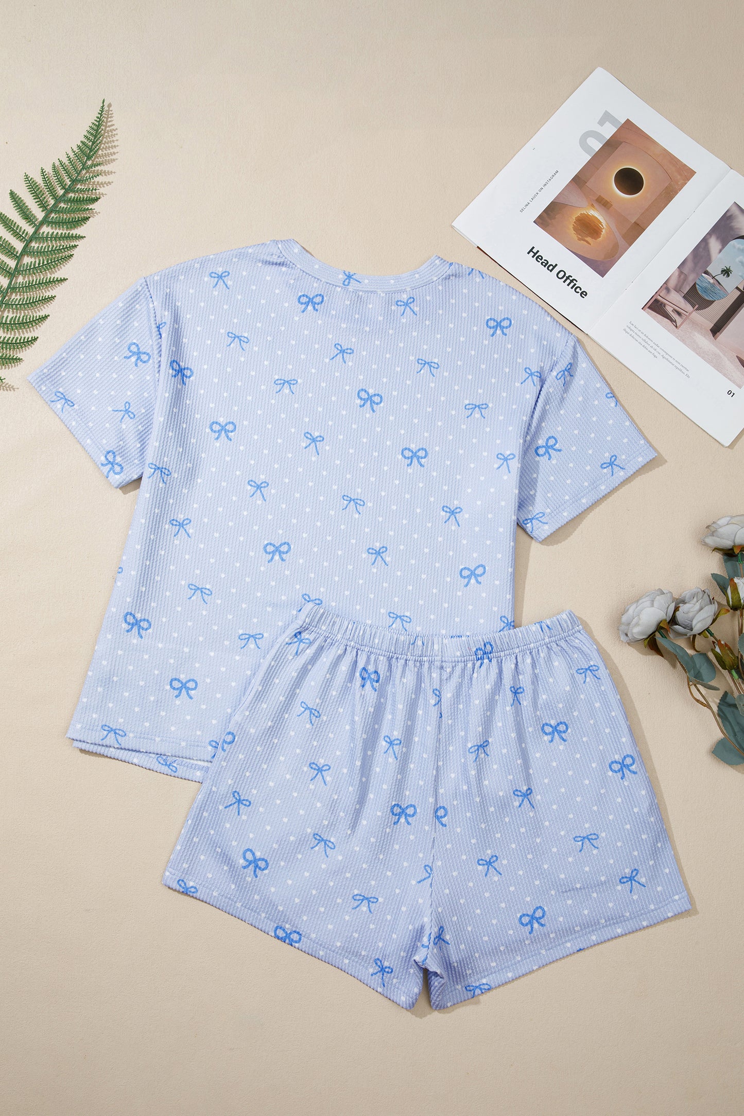 Sky Blue Tiny Heart Bow Print Twisted Rib Loose 2pcs Short Set-Two Piece Sets/Short Sets-[Adult]-[Female]-2022 Online Blue Zone Planet
