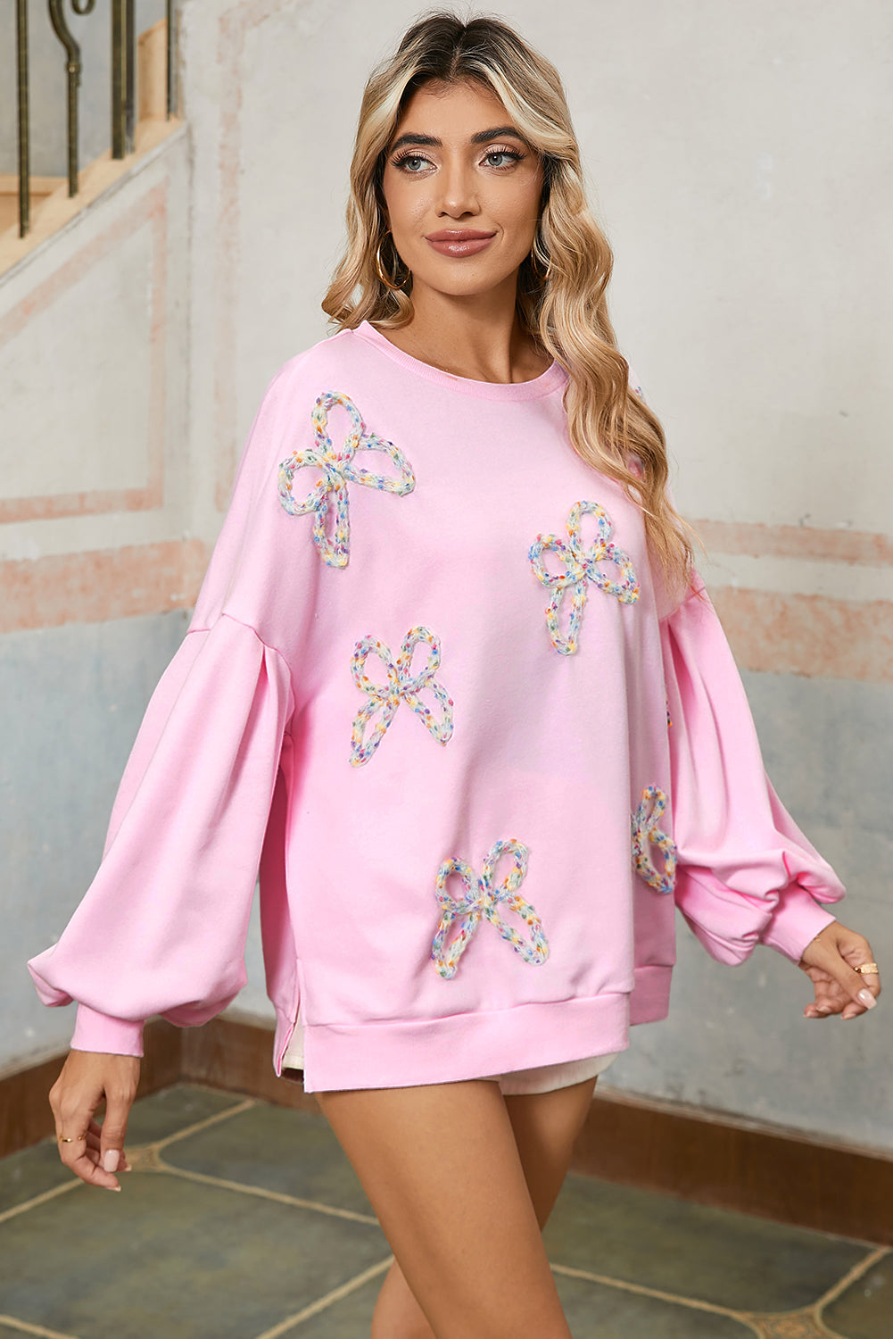 Light Pink Sweet Bow Lantern Sleeve Oversized Pullover Sweatshirt-30% OFF-[Adult]-[Female]-2022 Online Blue Zone Planet