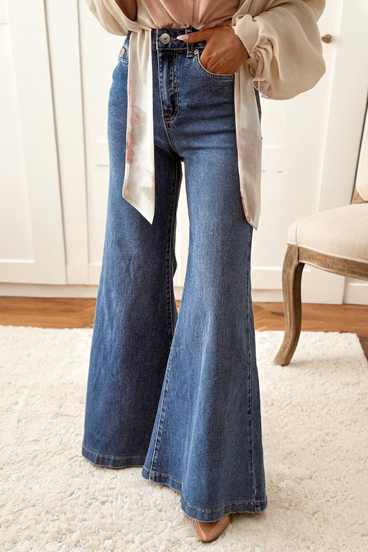 Dirty blue High Waist Button Zip Fly Bell Bottom Jeans-Bottoms/Jeans-[Adult]-[Female]-Dirty blue-4-2022 Online Blue Zone Planet