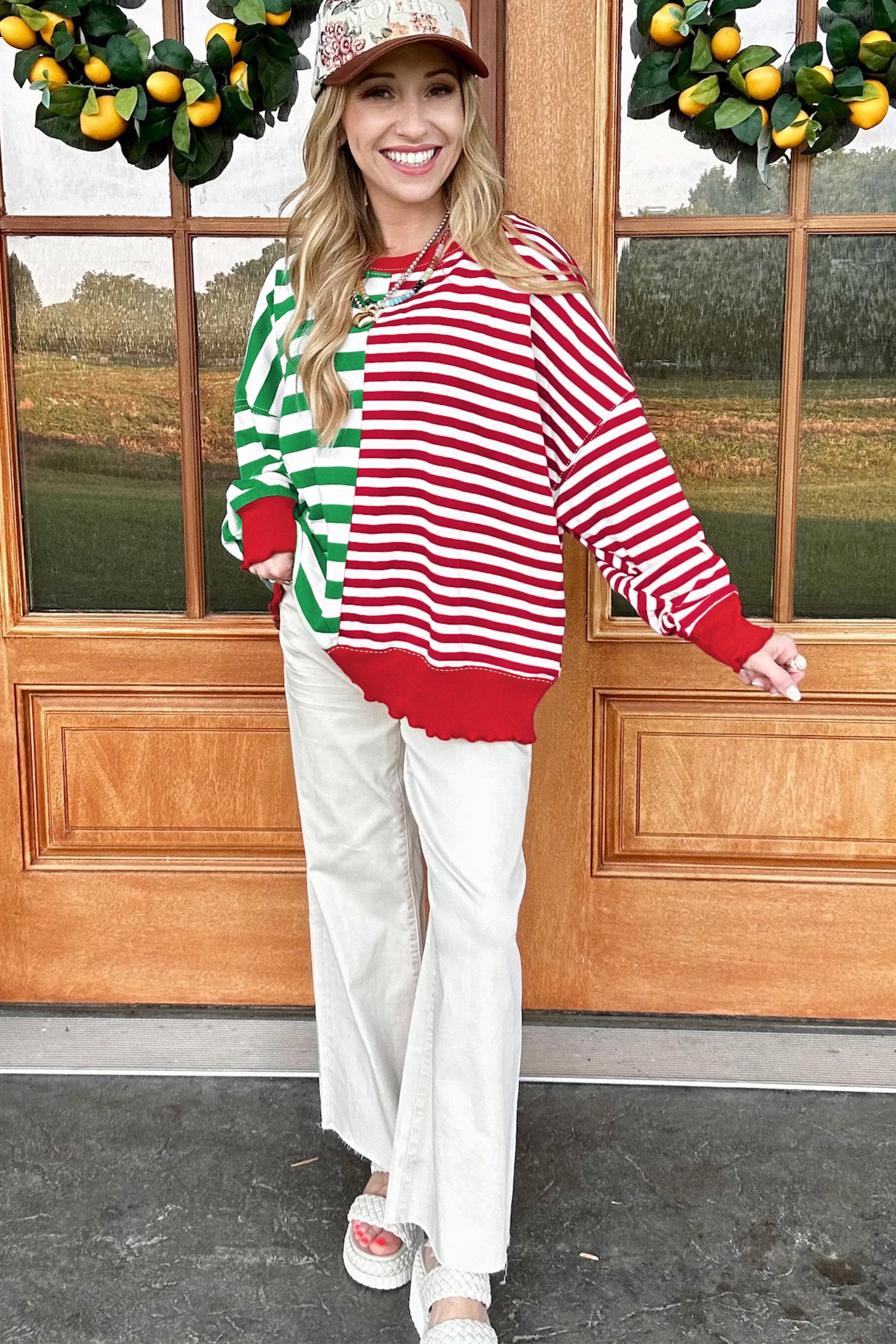 Green Stripe Contrasted Color Block Patchwork Baggy Sweatshirt-Tops/Sweatshirts & Hoodies-[Adult]-[Female]-2022 Online Blue Zone Planet