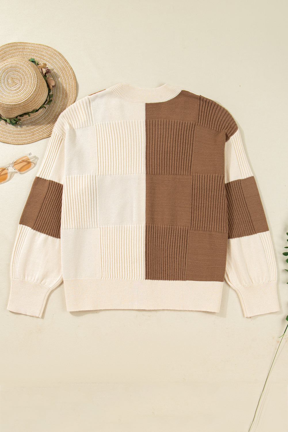 Khaki Checkered Ribbed Texture Knit Plus Size Cardigan Sweater-TOPS / DRESSES-[Adult]-[Female]-2022 Online Blue Zone Planet