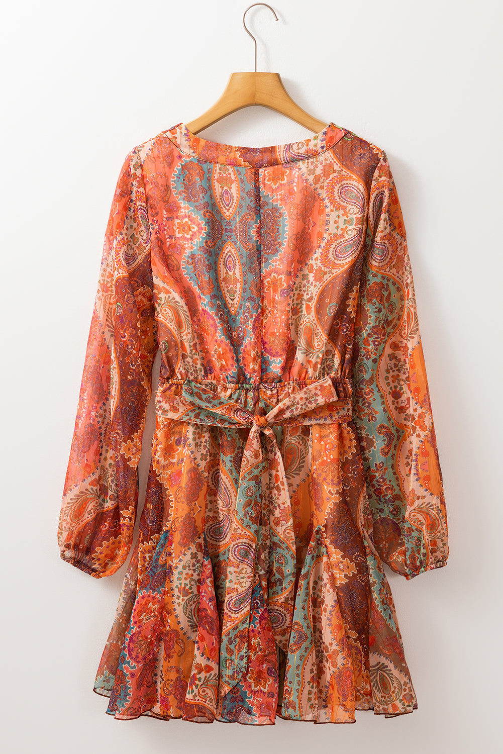 Blue Zone Planet | Orange Boho Paisley Print Long Sleeve Pleated Belted Mini Dress-TOPS / DRESSES-[Adult]-[Female]-2022 Online Blue Zone Planet