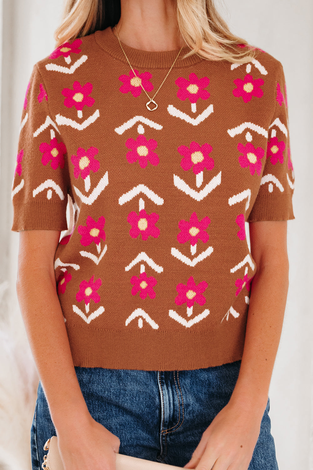 Brown Floral Short Puff Sleeve Sweater-TOPS / DRESSES-[Adult]-[Female]-2022 Online Blue Zone Planet