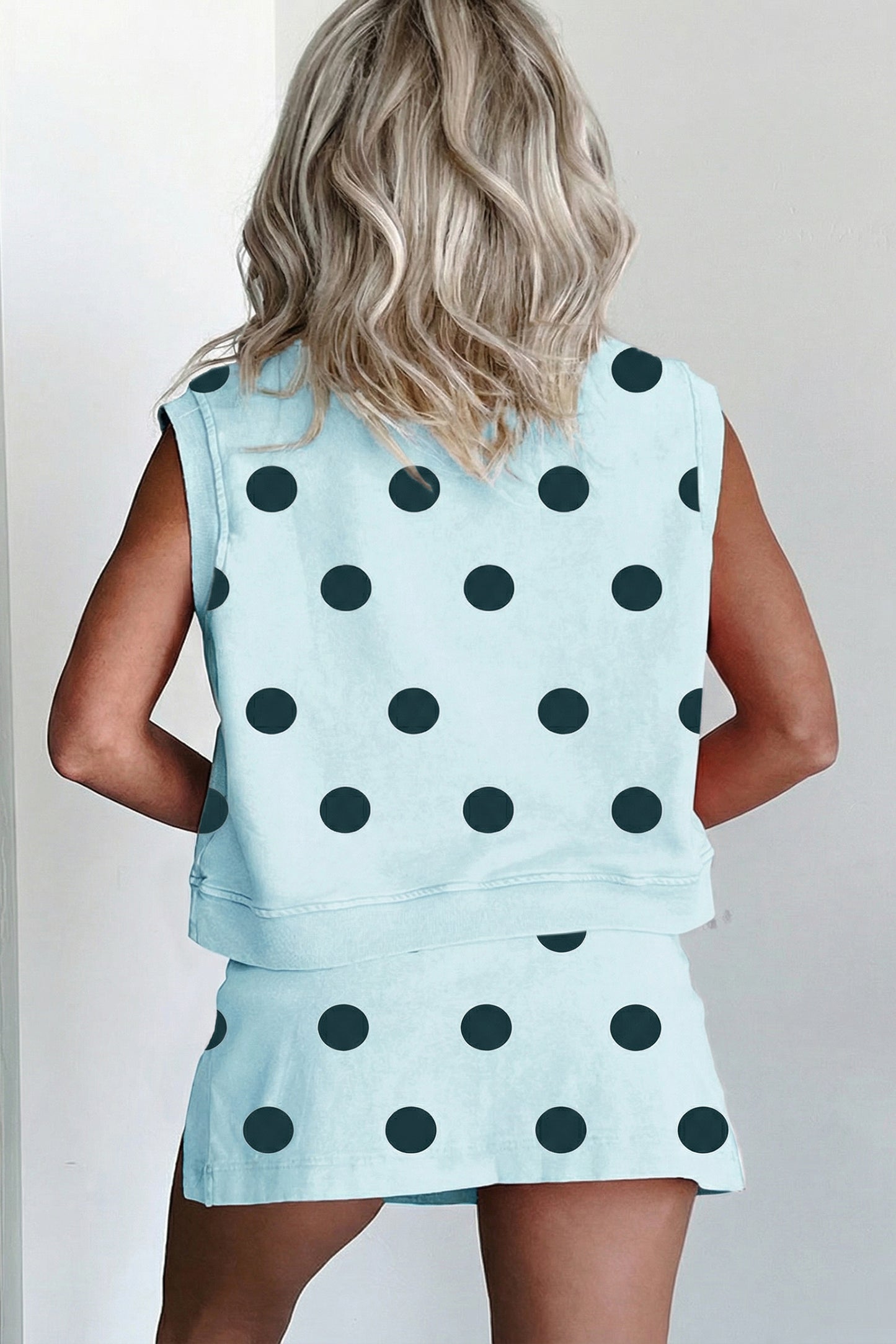 Sky Blue Ribbed Trim Polka Dot Print Tank Split Mini Skort 2pcs Set-Two Piece Sets/Two Piece Dresses-[Adult]-[Female]-2022 Online Blue Zone Planet
