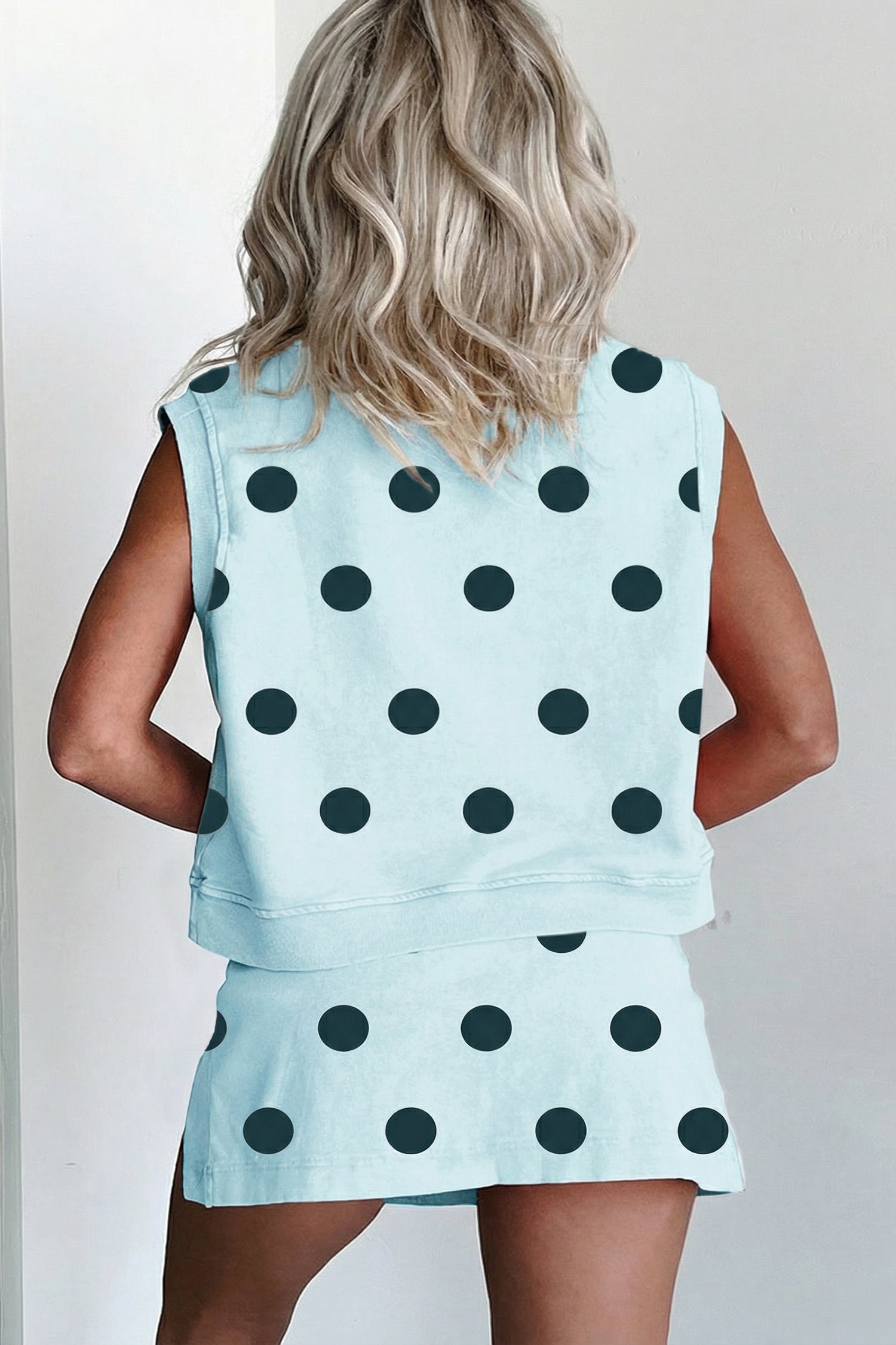Sky Blue Ribbed Trim Polka Dot Print Tank Split Mini Skort 2pcs Set-Two Piece Sets/Two Piece Dresses-[Adult]-[Female]-2022 Online Blue Zone Planet