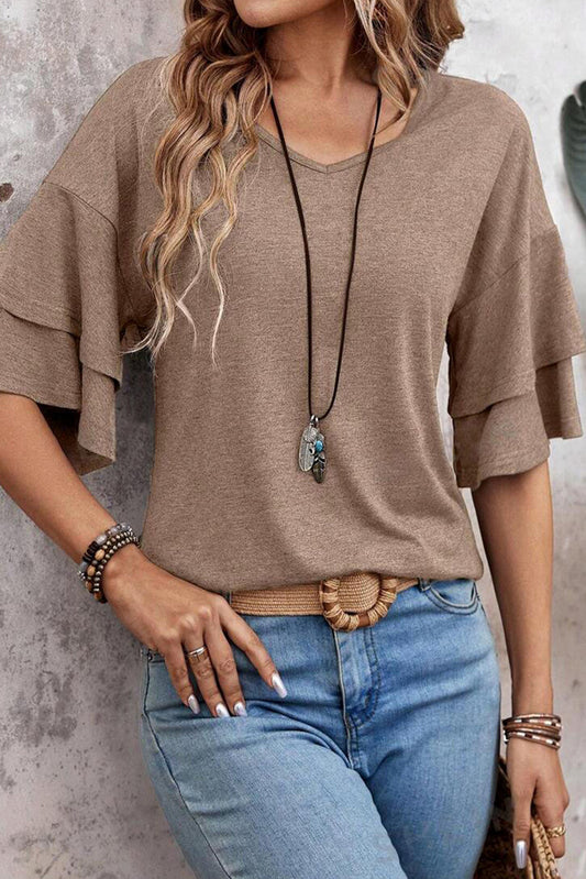 Dune Solid Colour V-Neck Double Layer Sleeve Loose T-Shirt-Tops/Tops & Tees-[Adult]-[Female]-DUNE-S-2022 Online Blue Zone Planet