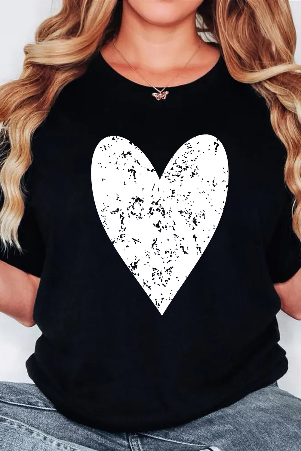 Black Valentines Heart Printed Round Neck T Shirt-Graphic Tees-[Adult]-[Female]-2022 Online Blue Zone Planet