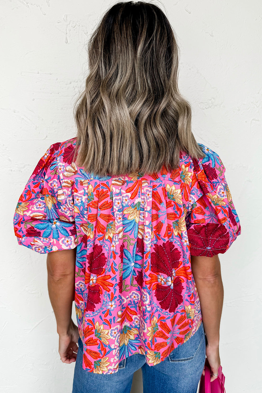 Pink Floral Print Bubble Sleeve Button Up Pleated Shirt-Tops/Blouses & Shirts-[Adult]-[Female]-2022 Online Blue Zone Planet