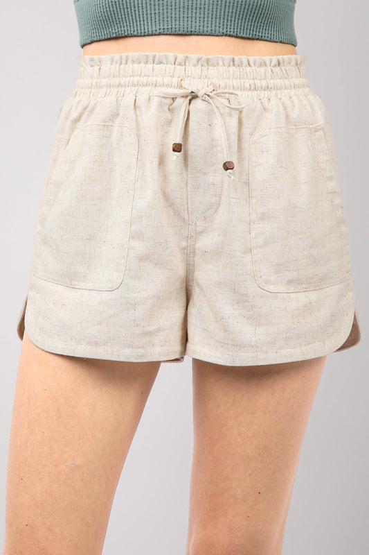 VERY J Drawstring Elastic Waist Linen Shorts-BOTTOMS SIZES SMALL MEDIUM LARGE-[Adult]-[Female]-Oatmeal-S-2022 Online Blue Zone Planet