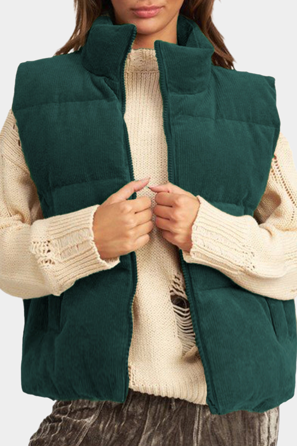 Blue Zone Planet | Jungle Green Corduroy Stand Neck Zipped Puffer Vest-Outerwear/Vests-[Adult]-[Female]-Jungle Green-S-2022 Online Blue Zone Planet