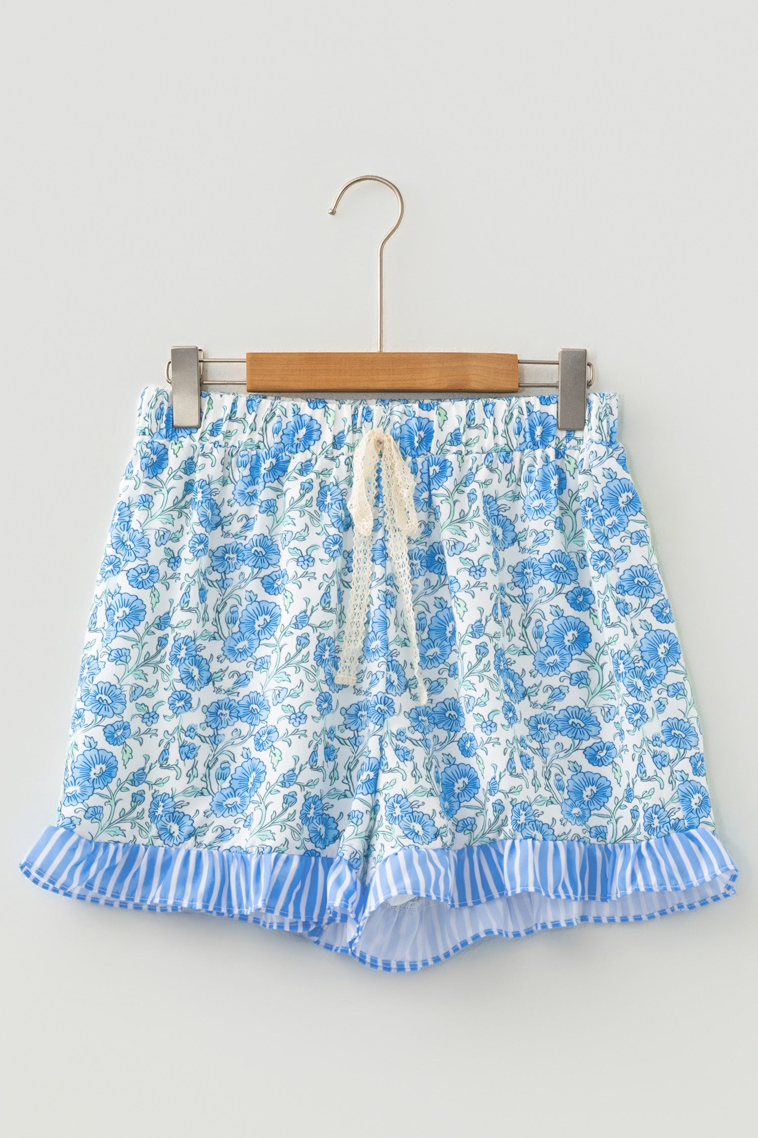 Sky Blue Summer Floral Striped Ruffle Hem Lace Tie Shorts-Bottoms/Casual Shorts-[Adult]-[Female]-2022 Online Blue Zone Planet