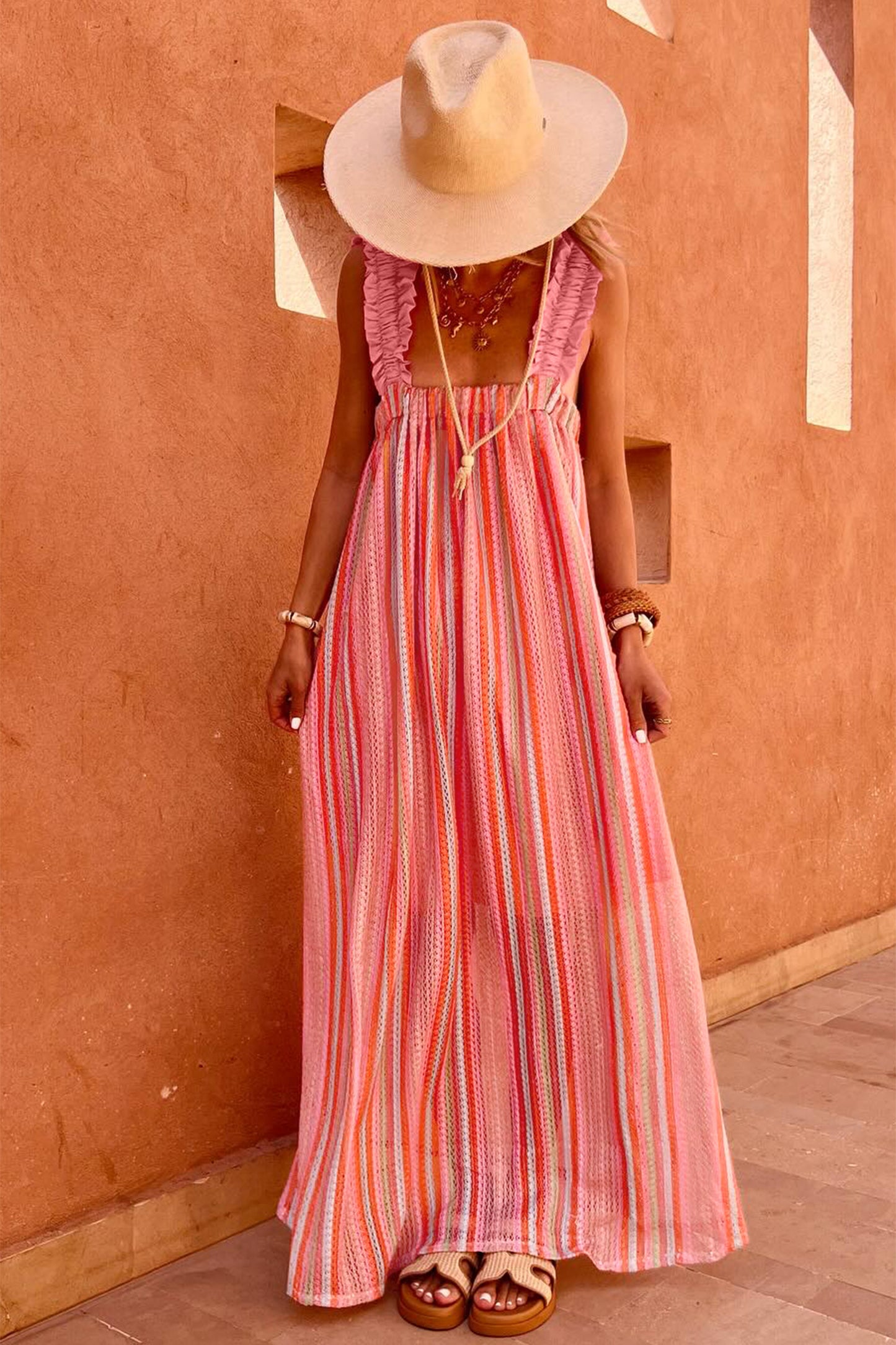 Pink Stripe Ruffled Straps Ribbon Knot Flowy Vacation Maxi Dress-TOPS / DRESSES-[Adult]-[Female]-2022 Online Blue Zone Planet