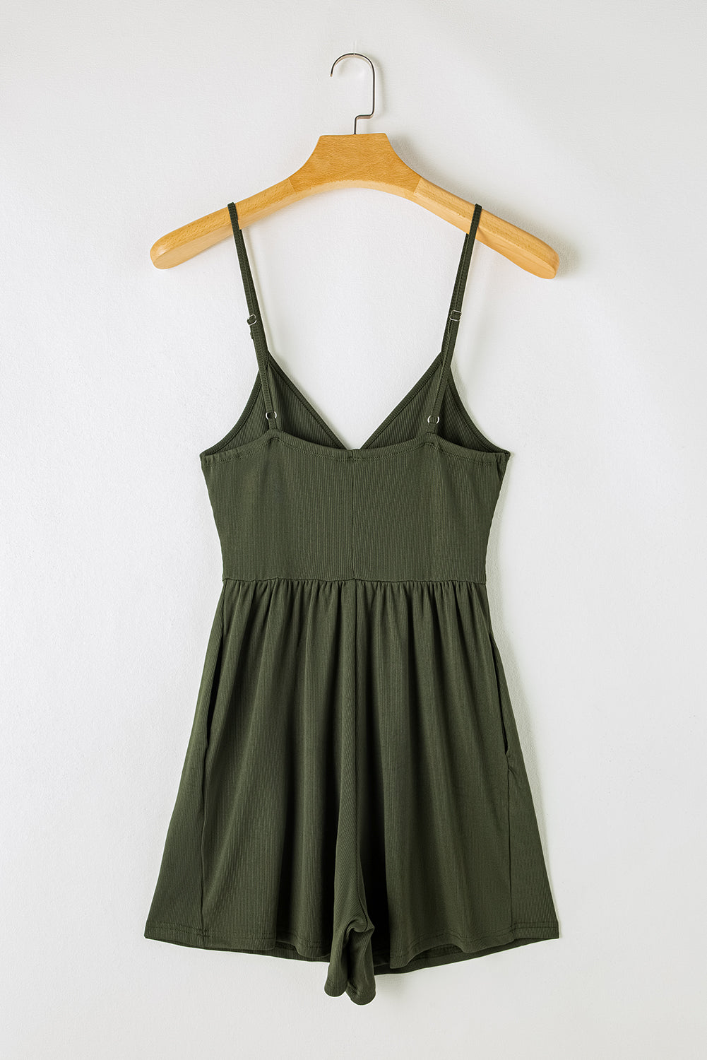Moss Green Spaghetti Straps Cinched Waist Ribbed Romper-Bottoms/Jumpsuits & Rompers-[Adult]-[Female]-2022 Online Blue Zone Planet