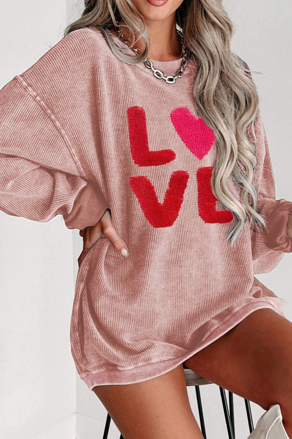 Blue Zone Planet | Valentine’s Day LOVE Round Neck Long Sleeve Sweatshirt-TOPS / DRESSES-[Adult]-[Female]-2022 Online Blue Zone Planet