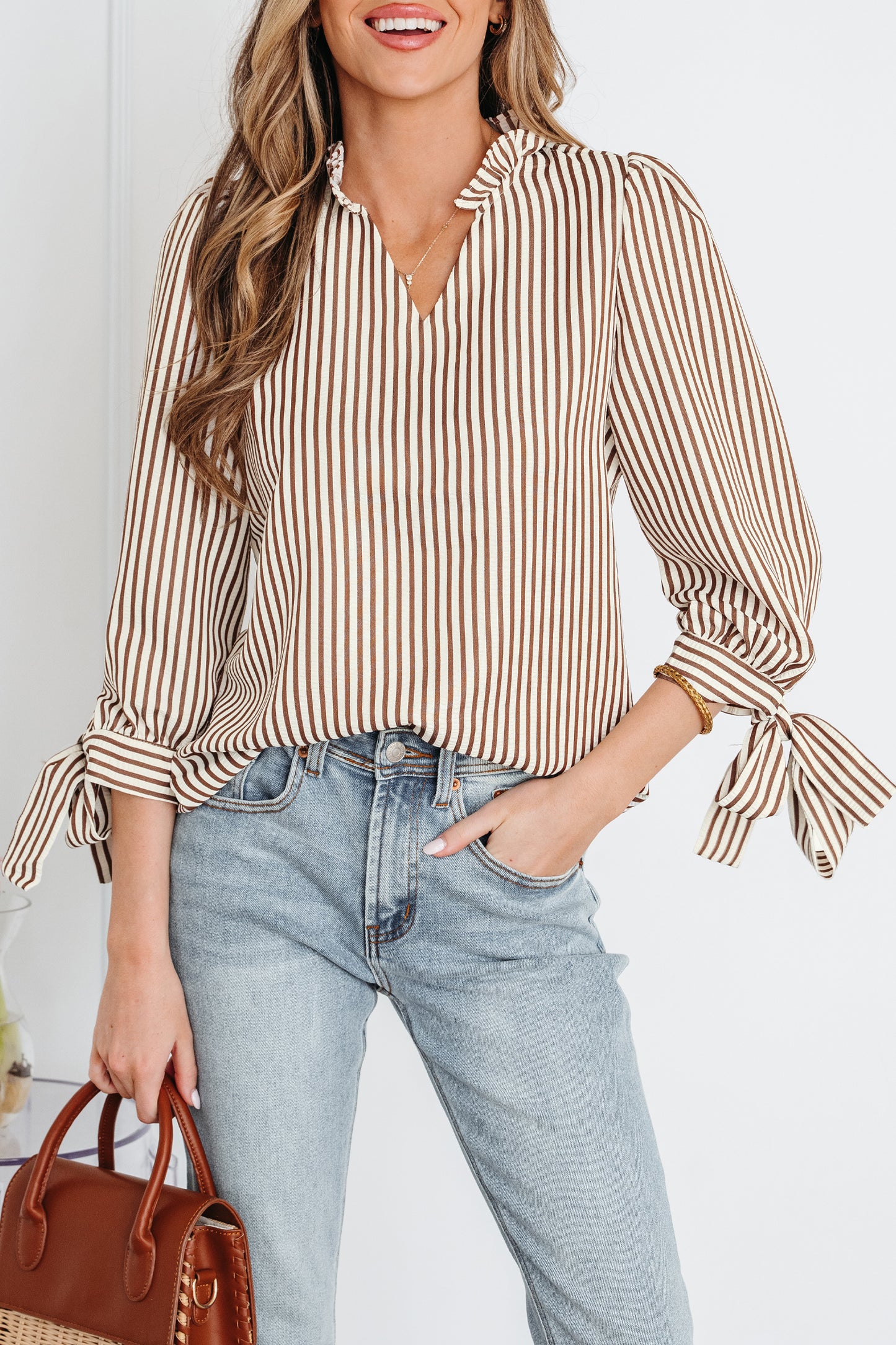 Straw Yellow Striped Print Tied Cuffs Split Neck Seersucker Blouse-Tops/Blouses & Shirts-[Adult]-[Female]-2022 Online Blue Zone Planet