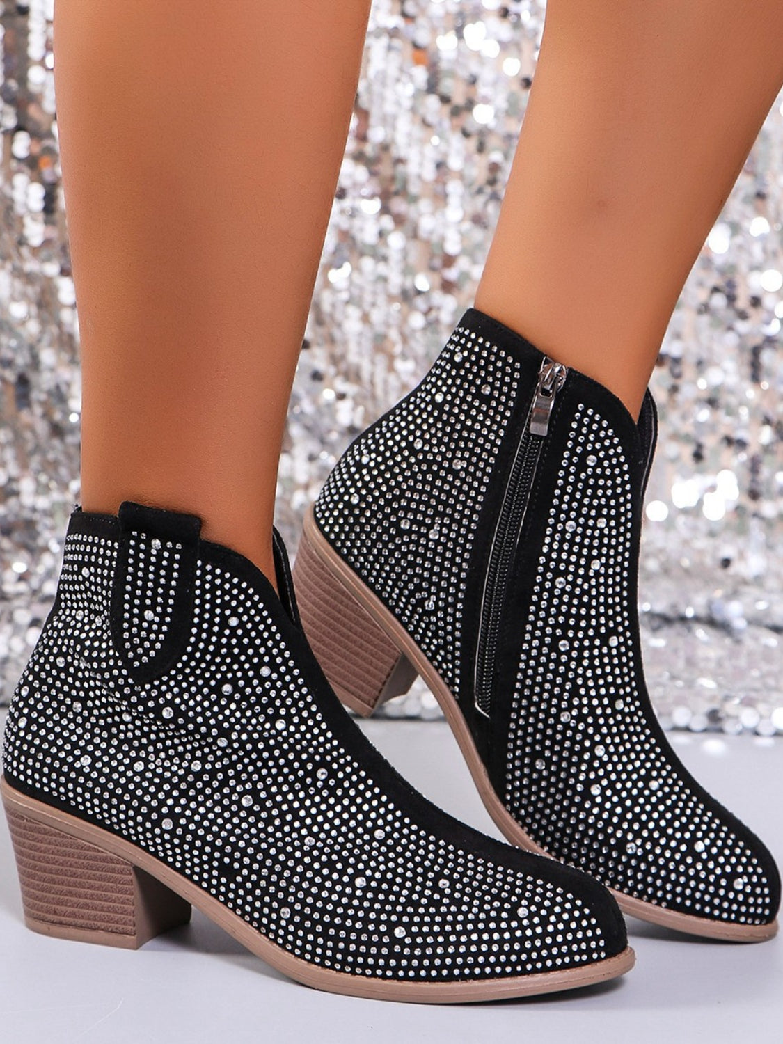 Rhinestone Point Toe Block Heel Boots-SHOES-[Adult]-[Female]-2022 Online Blue Zone Planet