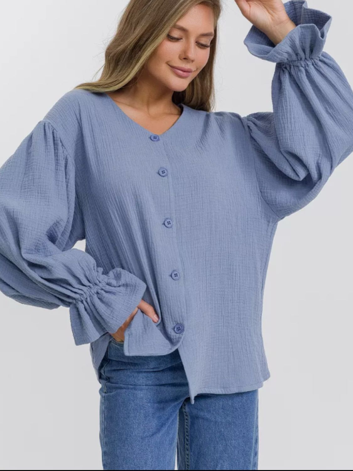 Button Up Flounce Sleeve Shirt-TOPS / DRESSES-[Adult]-[Female]-Light Blue-S-2022 Online Blue Zone Planet