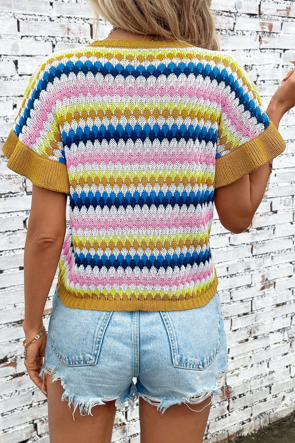 Khaki Trimmed Ruffle Sleeve Colorful Textured Sweater-TOPS / DRESSES-[Adult]-[Female]-2022 Online Blue Zone Planet