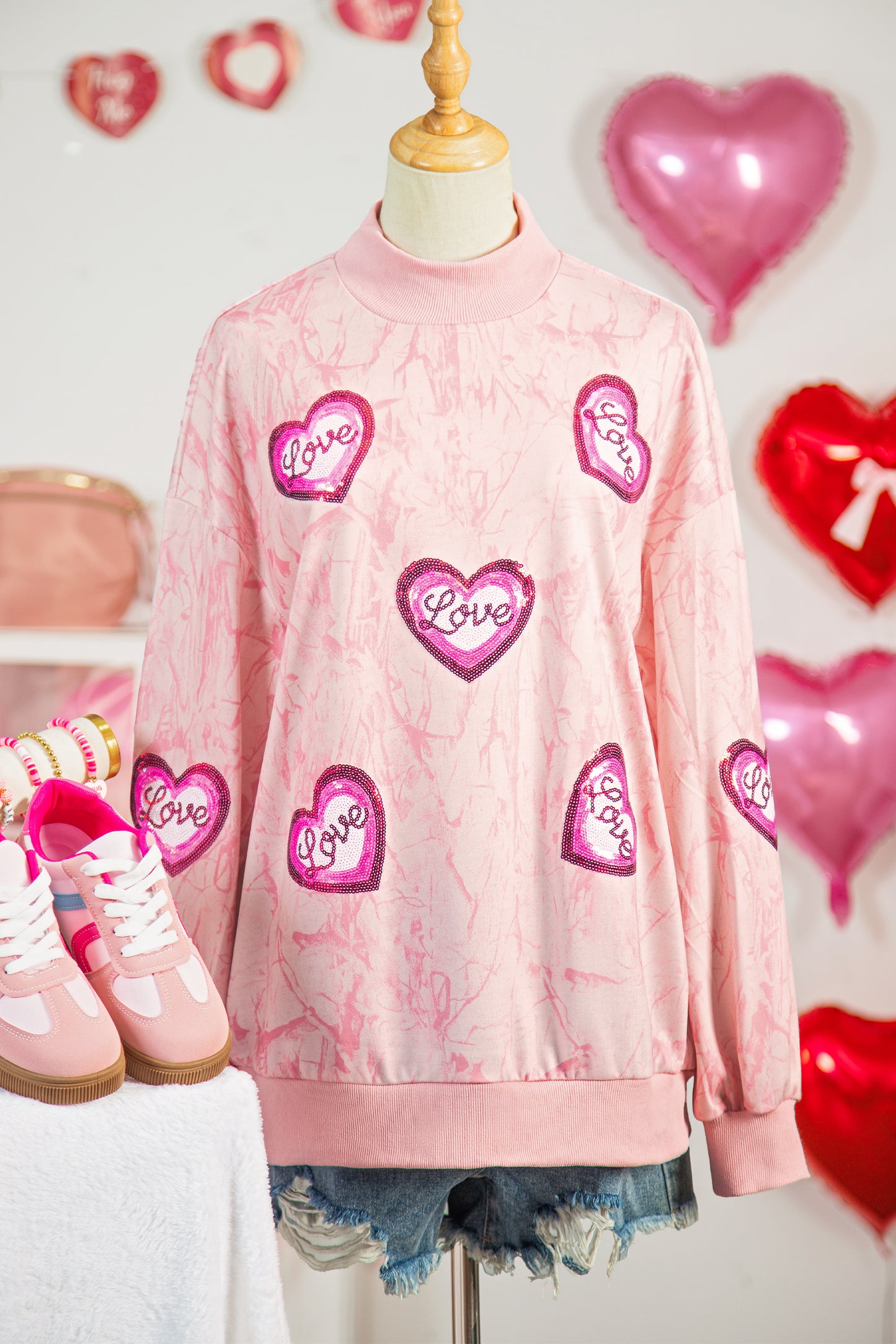 Pink Tie Dye Camo Sequin Love Heart Patched Mock Neck Sweatshirt-Graphic Sweatshirts-[Adult]-[Female]-2022 Online Blue Zone Planet