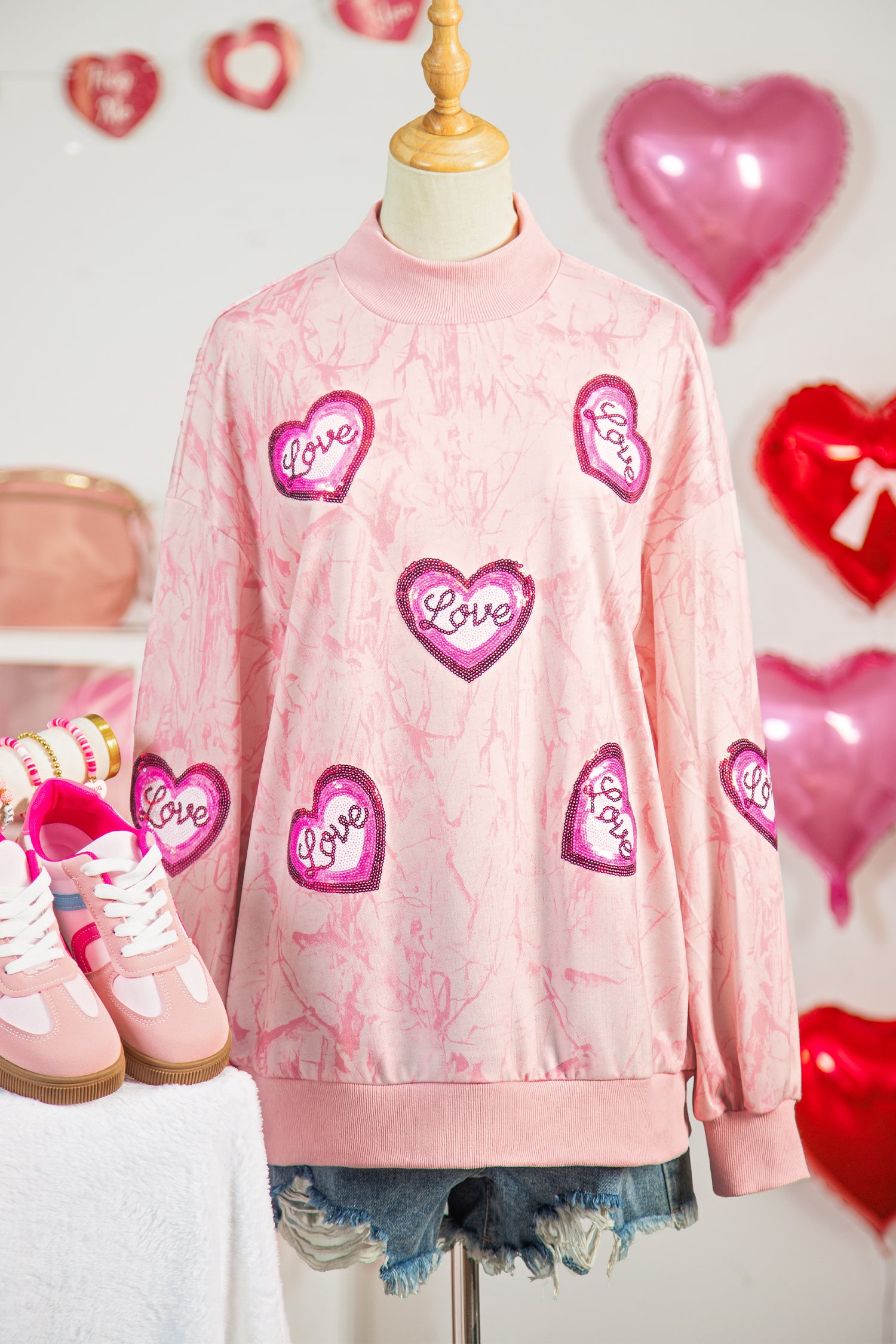 Pink Tie Dye Camo Sequin Love Heart Patched Mock Neck Sweatshirt-Graphic Sweatshirts-[Adult]-[Female]-2022 Online Blue Zone Planet