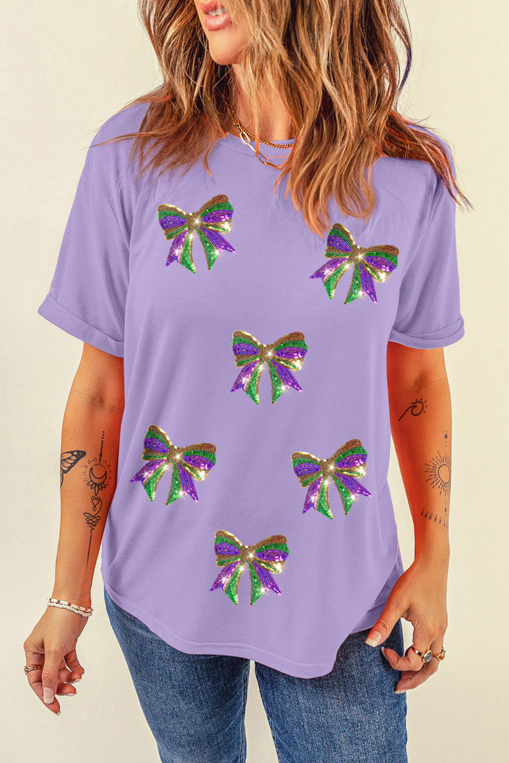 Black Sequin Mardi Gras Bow Graphic Crewneck Tee-Graphic Tees-[Adult]-[Female]-2022 Online Blue Zone Planet