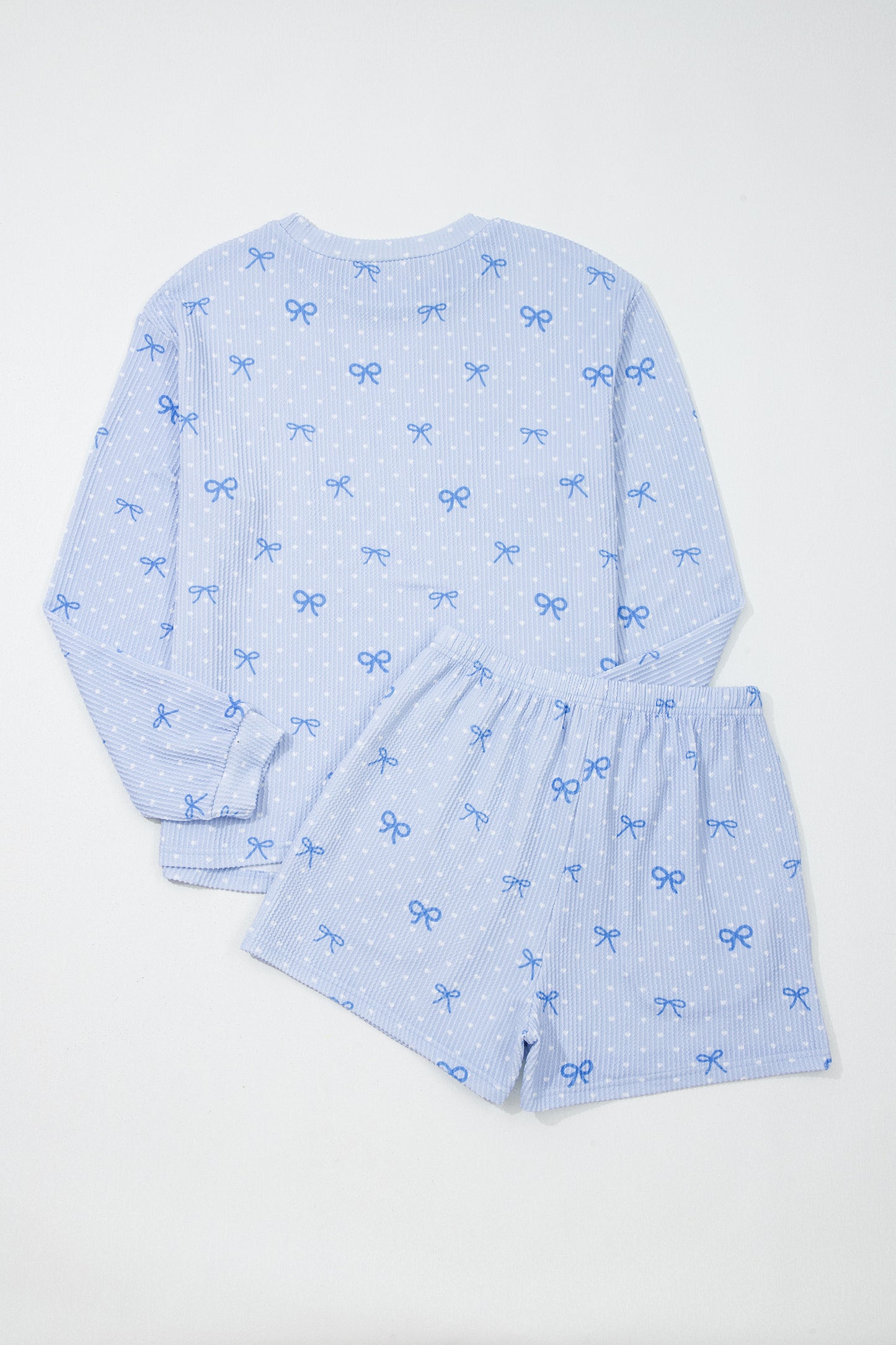 Sky Blue Valentines Bow Print Twisted Rib Loose Long Sleeve Top 2pcs Short Set-Two Piece Sets/Short Sets-[Adult]-[Female]-2022 Online Blue Zone Planet