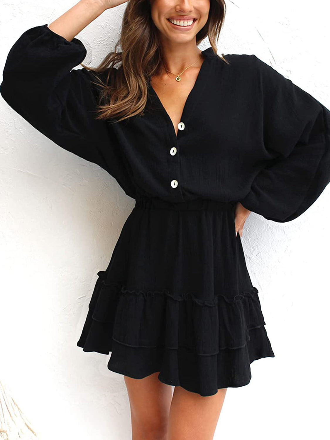 Ruffled Notched Balloon Sleeve Mini Dress-TOPS / DRESSES-[Adult]-[Female]-Black-S-2022 Online Blue Zone Planet