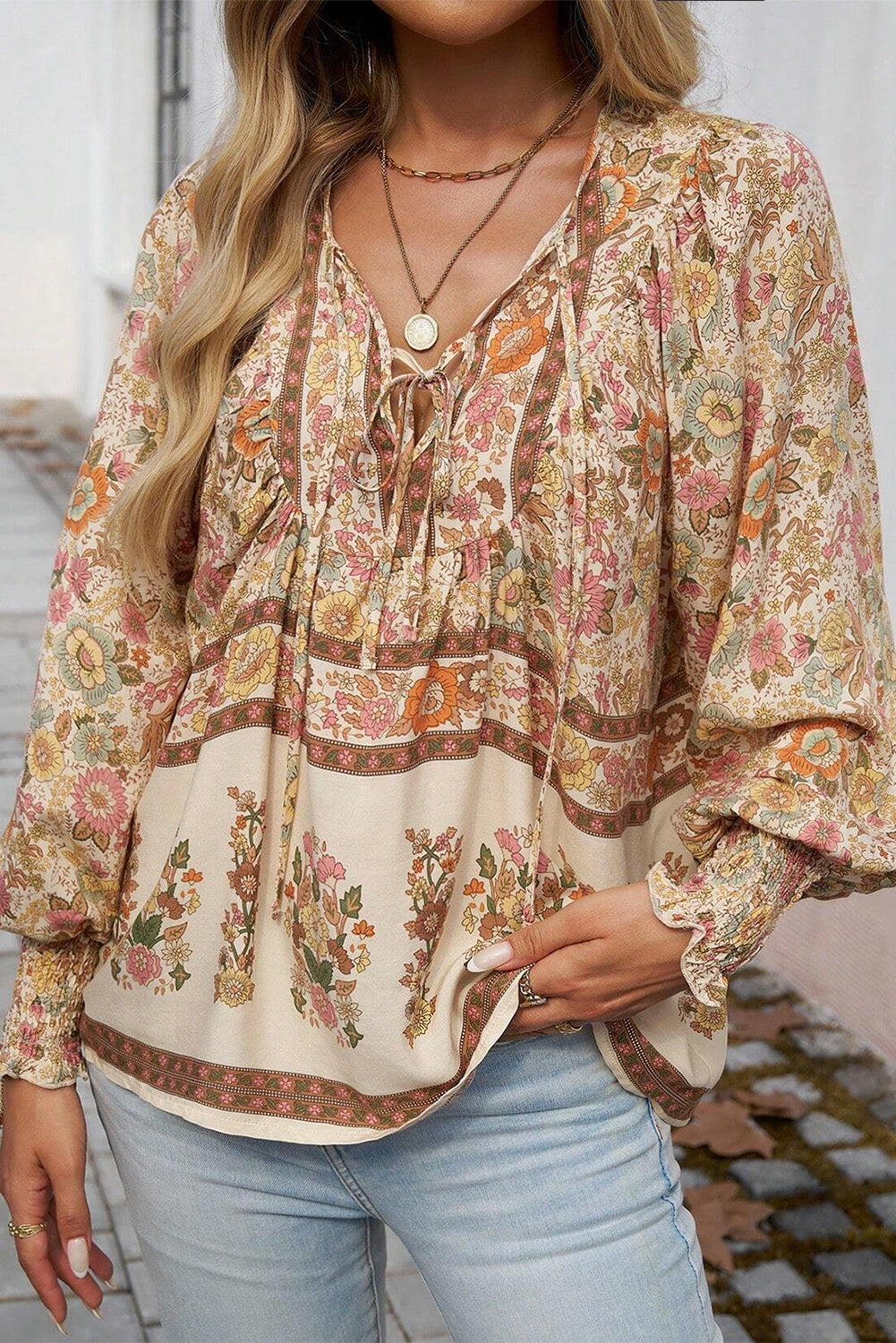 Yellow Floral Print Tie Neck Lantern Sleeve Blouse-Tops/Blouses & Shirts-[Adult]-[Female]-2022 Online Blue Zone Planet