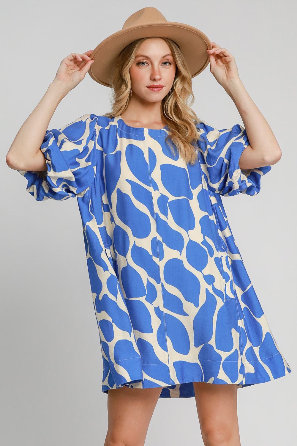 Umgee Two Tone Abstract Print Puff Sleeve Dress-TOPS / DRESSES-[Adult]-[Female]-Blue-S-2022 Online Blue Zone Planet