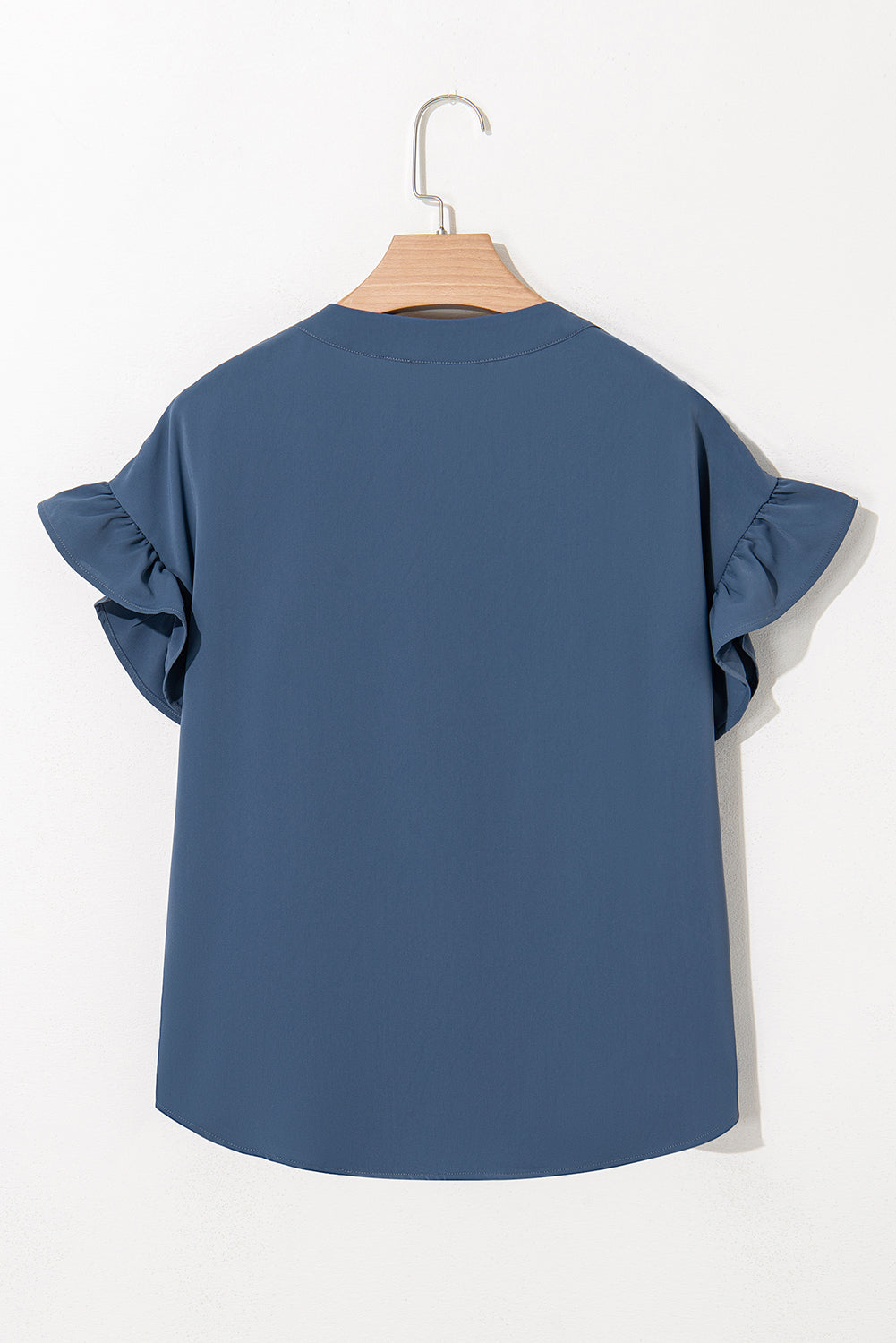 Real Teal Solid Color Ruffle Ruched Short Sleeve Buttoned Shirt-Tops/Blouses & Shirts-[Adult]-[Female]-2022 Online Blue Zone Planet