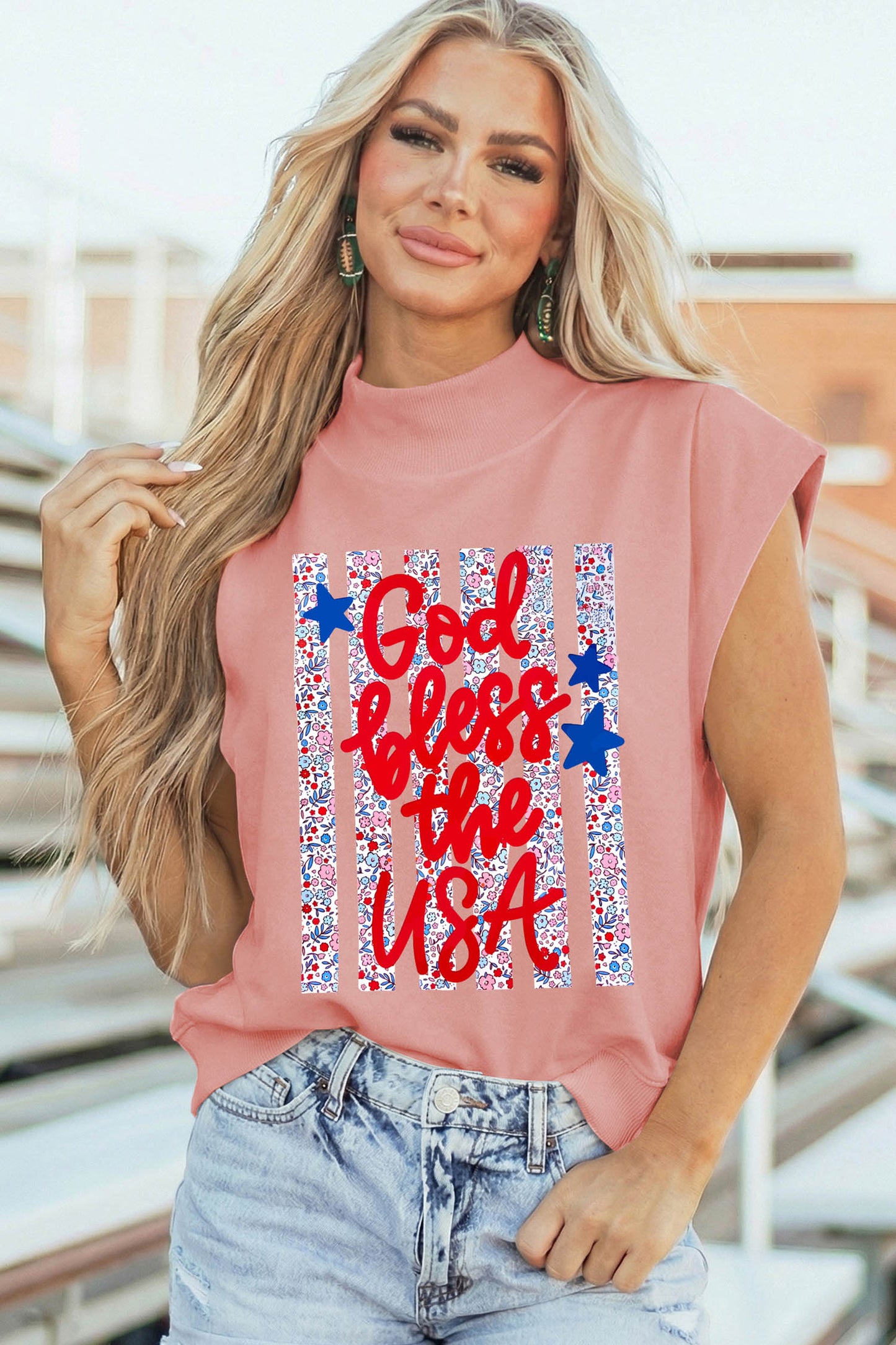 Pink God Bless The Usa Floral American Flag Print High Neck Short Sleeve Top
