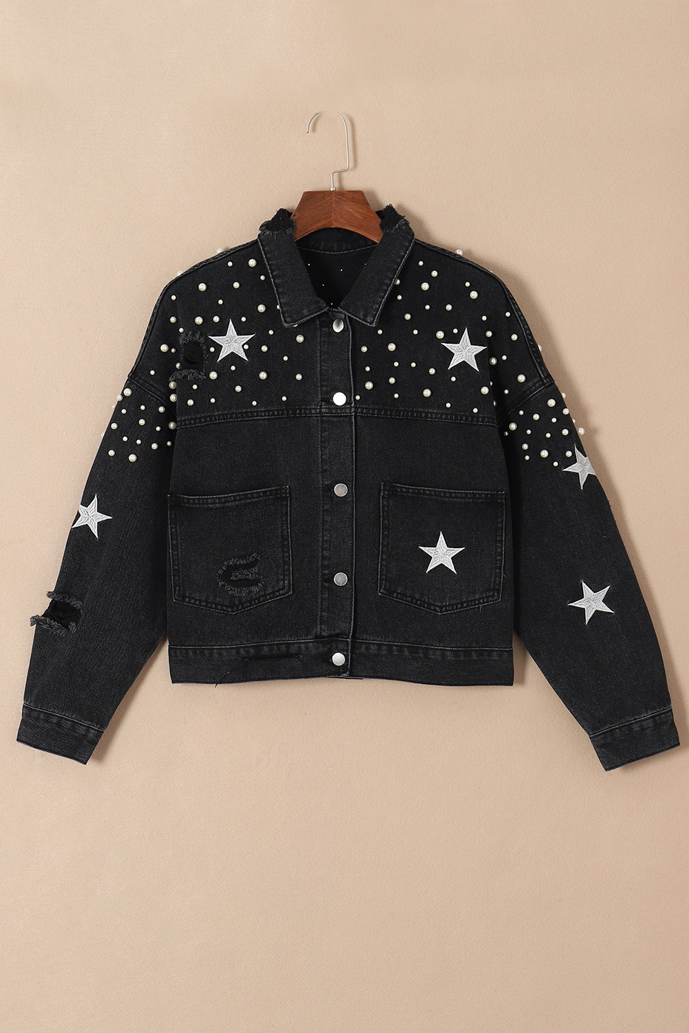 Blue Zone Planet | Black Distressed Pearls Star Cropped Denim Jacket-Outerwear/Denim jackets-[Adult]-[Female]-2022 Online Blue Zone Planet