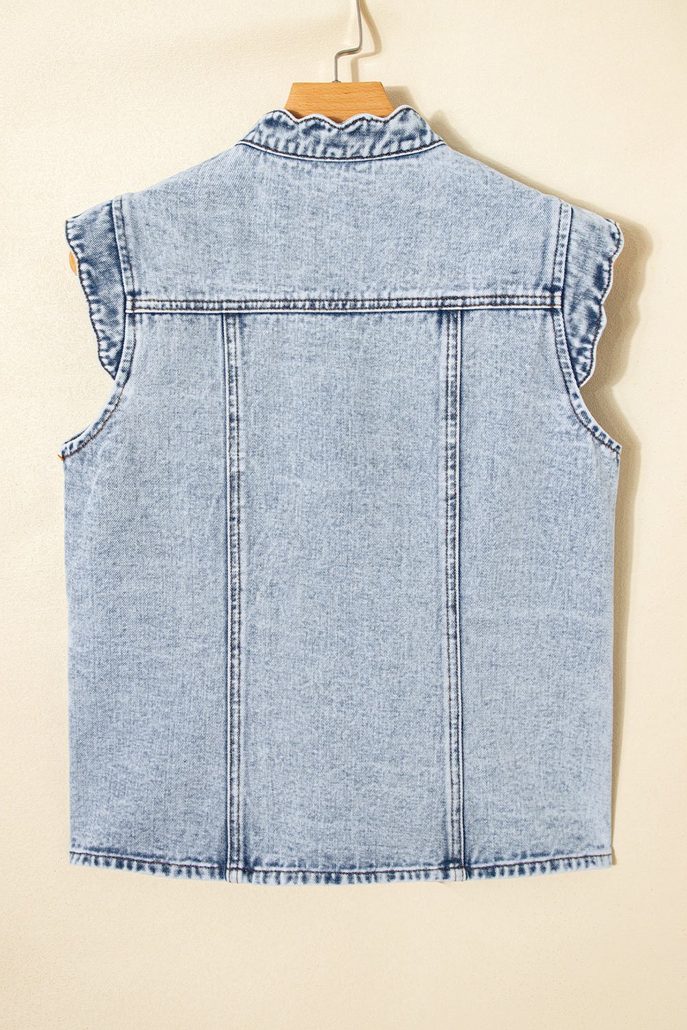 Beau Blue Scalloped Trim Patch Pocket Button Front Denim Vest-Outerwear/Vests-[Adult]-[Female]-2022 Online Blue Zone Planet