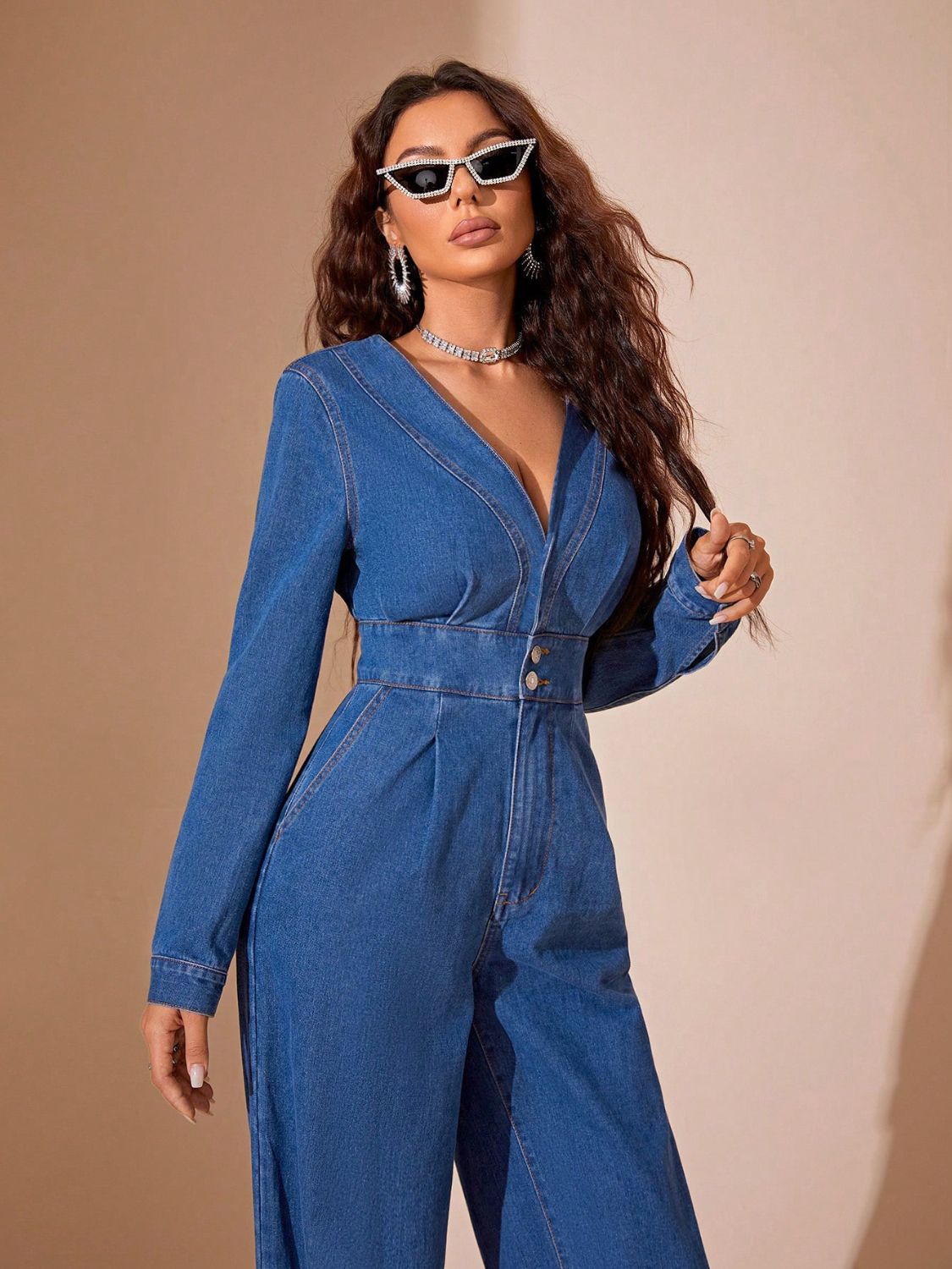 Plunge Long Sleeve Wide Leg Denim Jumpsuit-TOPS / DRESSES-[Adult]-[Female]-2022 Online Blue Zone Planet