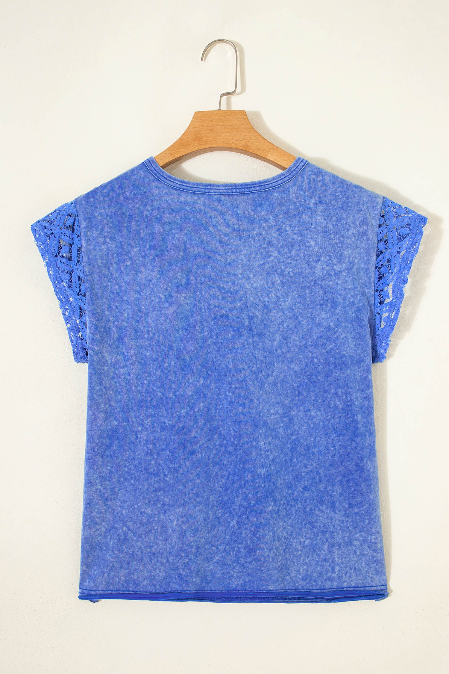 Sky Blue Mineral Wash Raw Seam Lace Sleeve Cotton Tee-Tops/Tops & Tees-[Adult]-[Female]-2022 Online Blue Zone Planet