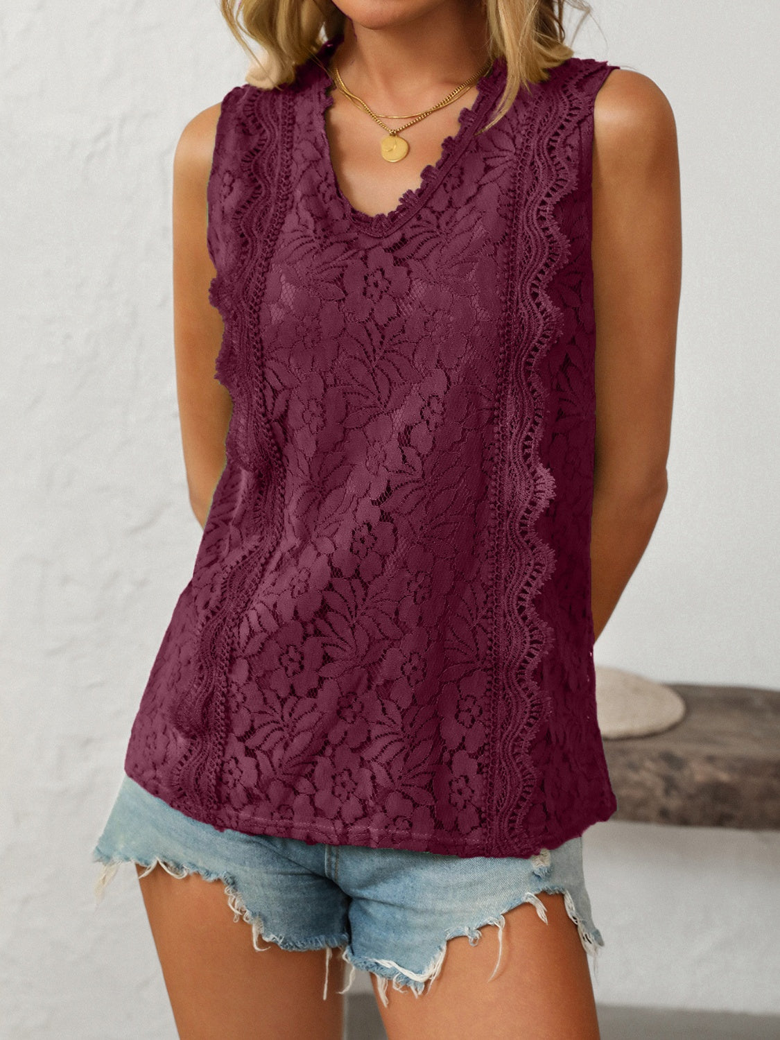 Mandy Lace V-Neck Tank-TOPS / DRESSES-[Adult]-[Female]-Burgundy-S-2022 Online Blue Zone Planet