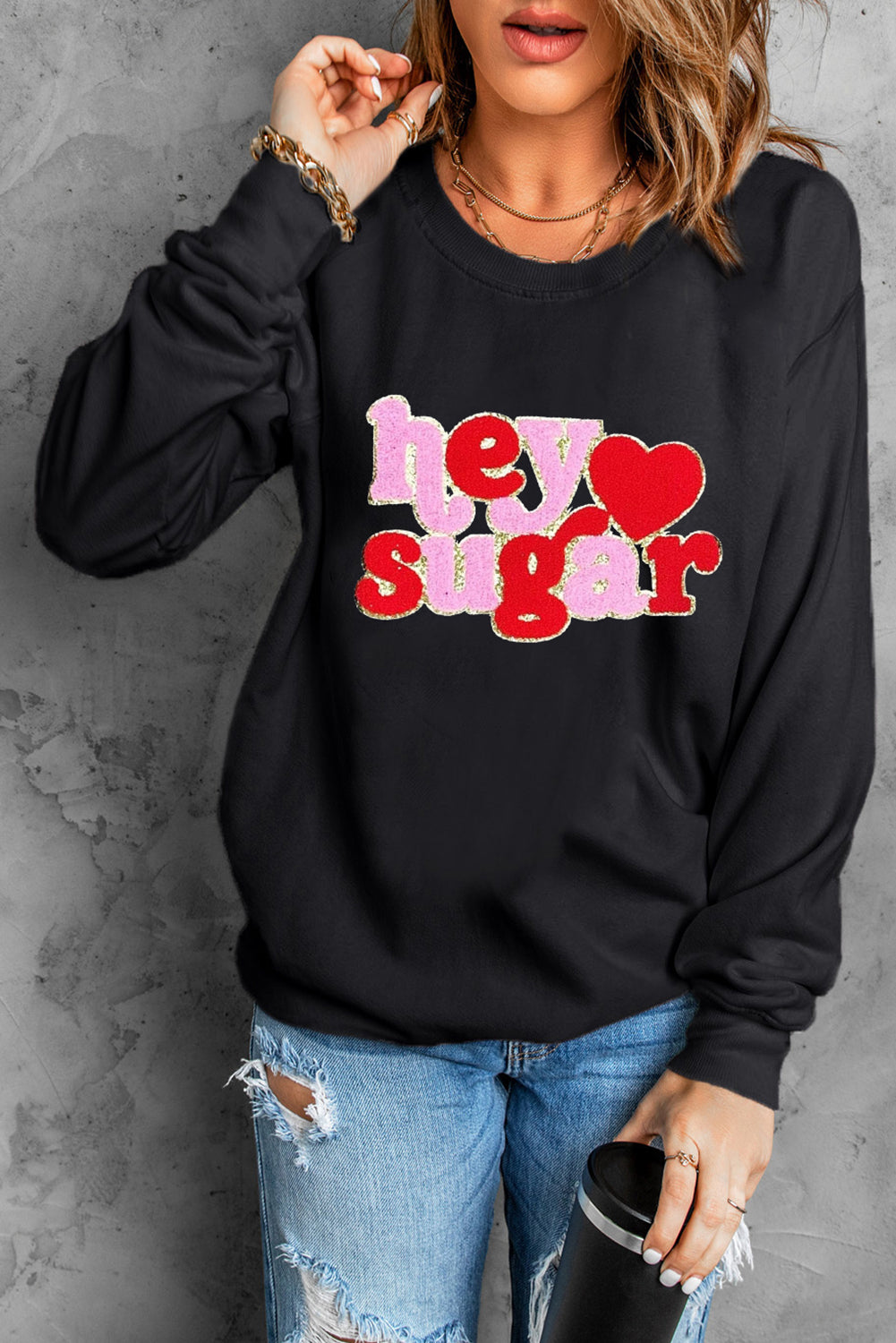 Pink Chenille Heart Pattern Valentines Graphic Sweatshirt-Graphic Sweatshirts-[Adult]-[Female]-2022 Online Blue Zone Planet