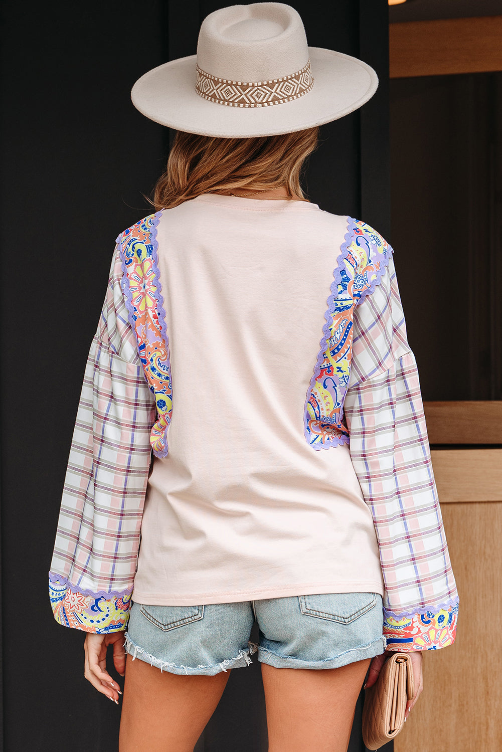 Delicacy Ricrac Trim Floral Plaid Patchwork Puff Sleeve Blouse-Tops/Blouses & Shirts-[Adult]-[Female]-2022 Online Blue Zone Planet