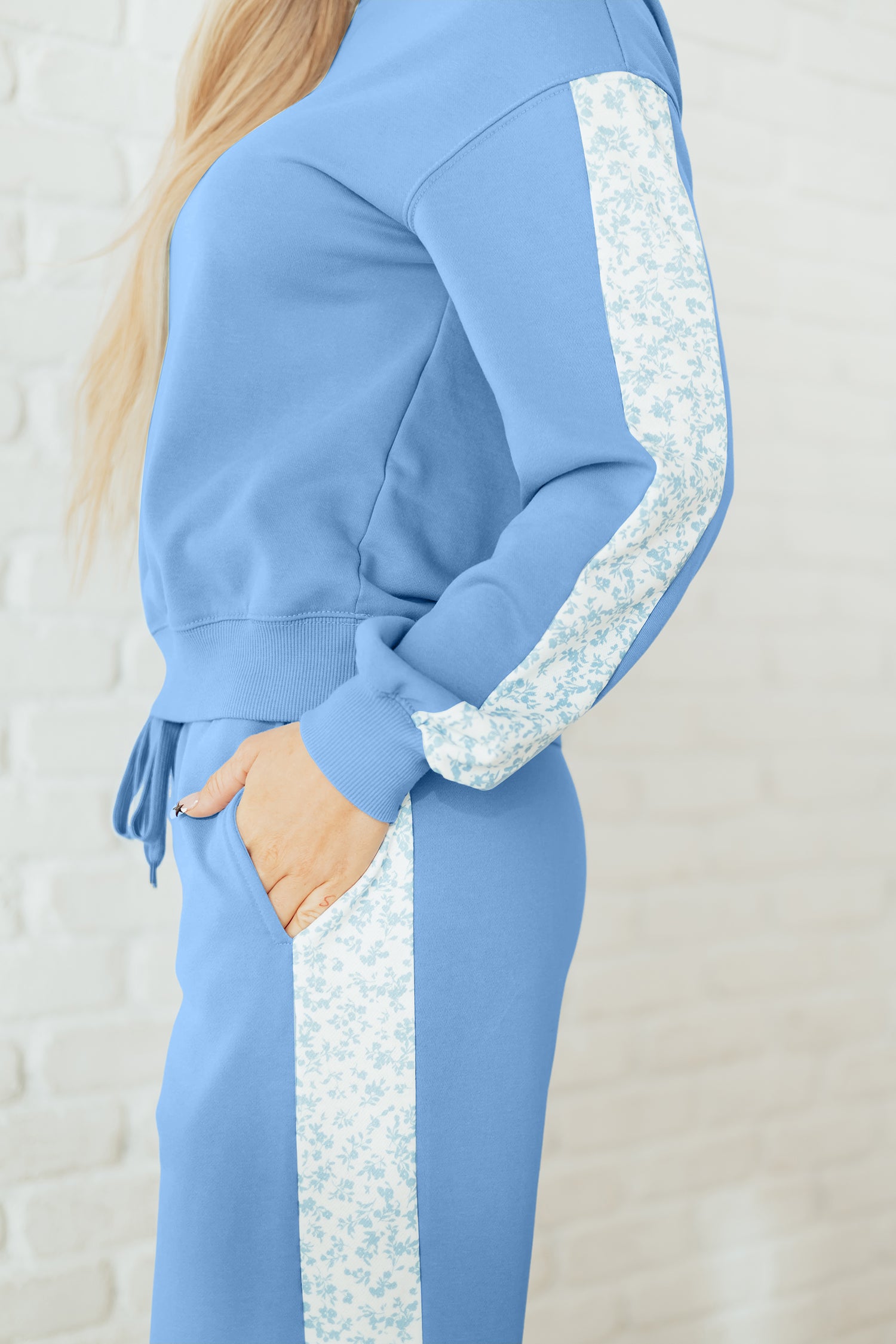Beau Blue Floral Patchwork Drop Shoulder Pullover and Sweatpants Lounge Set-Loungewear & Sleepwear/Loungewear-[Adult]-[Female]-2022 Online Blue Zone Planet