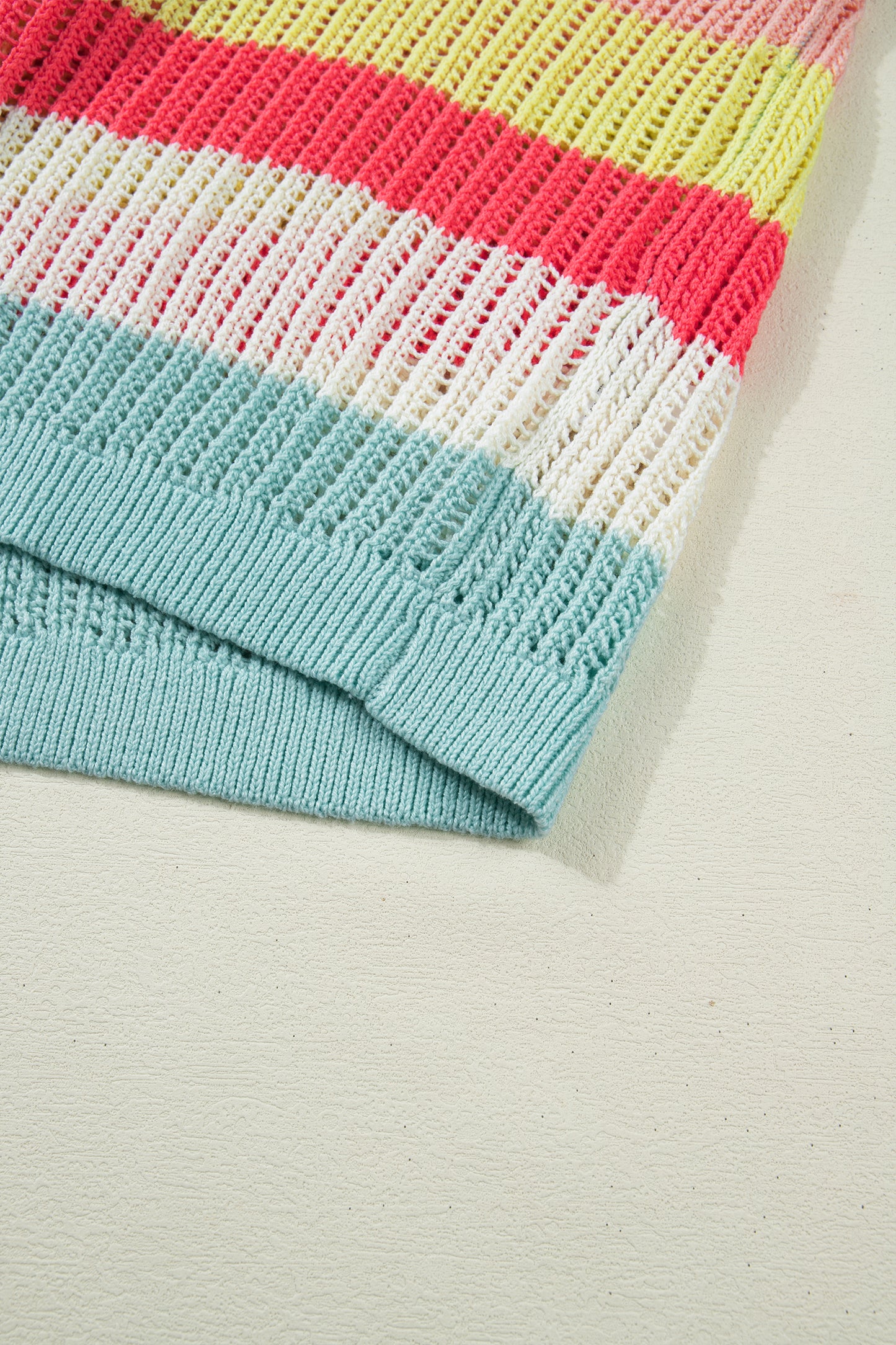 Green Stripe Color Block Hollow Out Knit Short Sleeve Sweater-TOPS / DRESSES-[Adult]-[Female]-2022 Online Blue Zone Planet