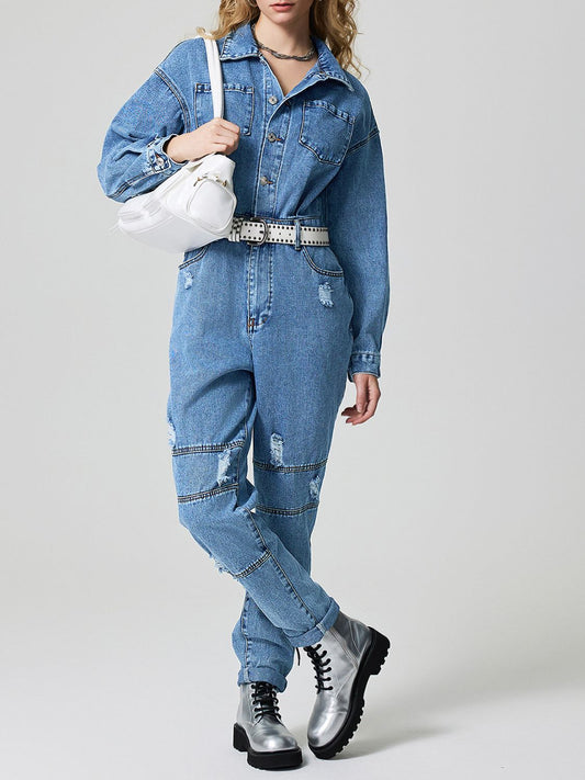 Distressed Button Down Drop Shoulder Denim Jumpsuit-TOPS / DRESSES-[Adult]-[Female]-Medium-S-2022 Online Blue Zone Planet