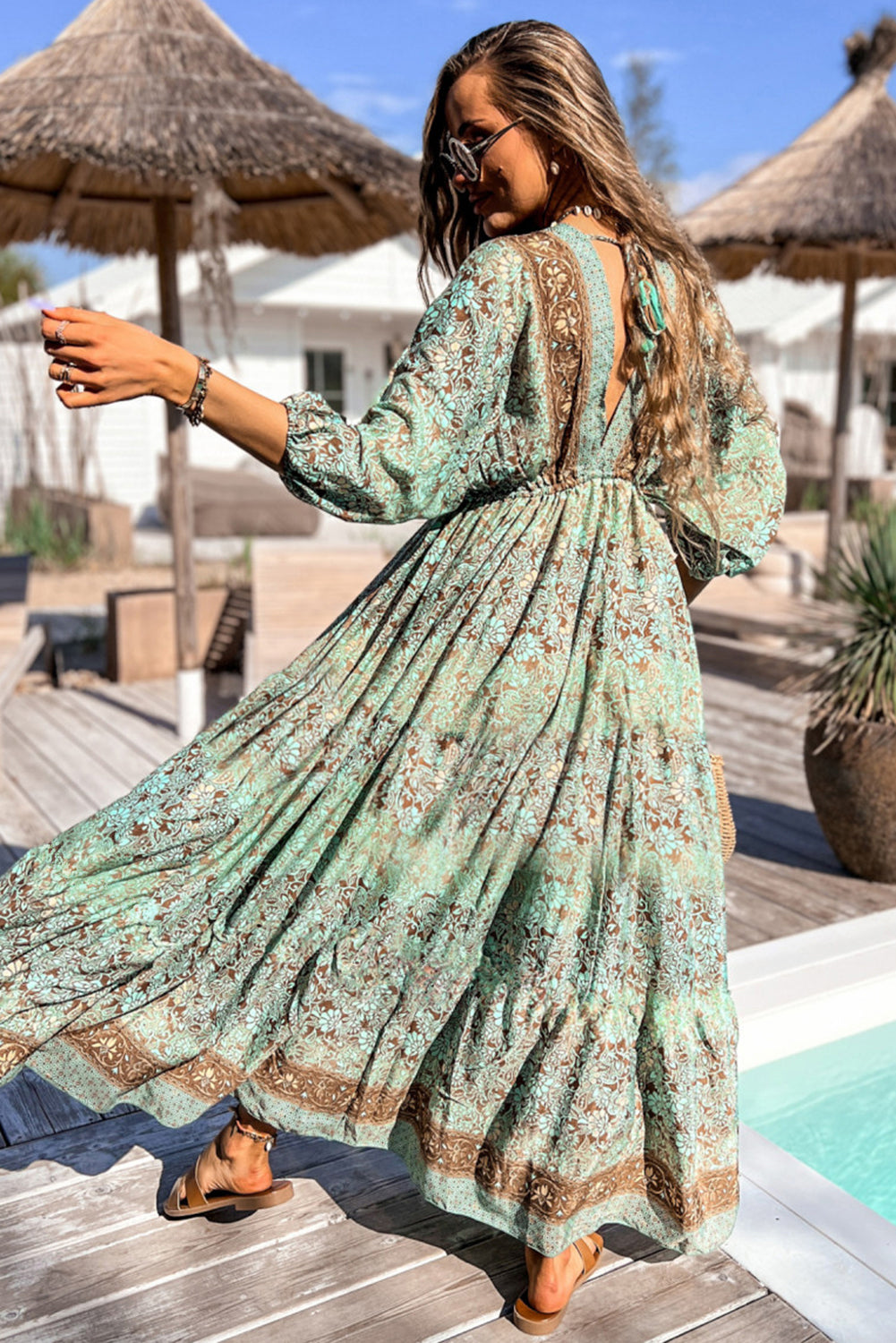 Green Boho Floral Print Backless Drawstring High Waist Maxi Dress-Maxi Dresses-[Adult]-[Female]-2022 Online Blue Zone Planet