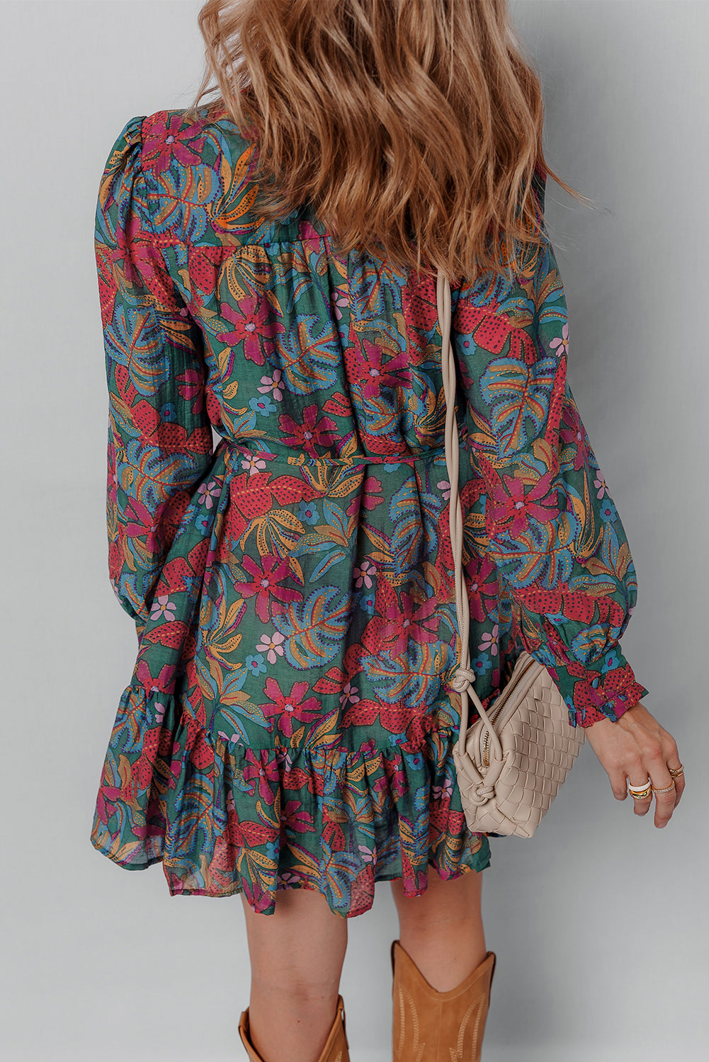 Green Floral Friled V Neck Puff Sleeve Ruffled Shirt Dress-TOPS / DRESSES-[Adult]-[Female]-2022 Online Blue Zone Planet