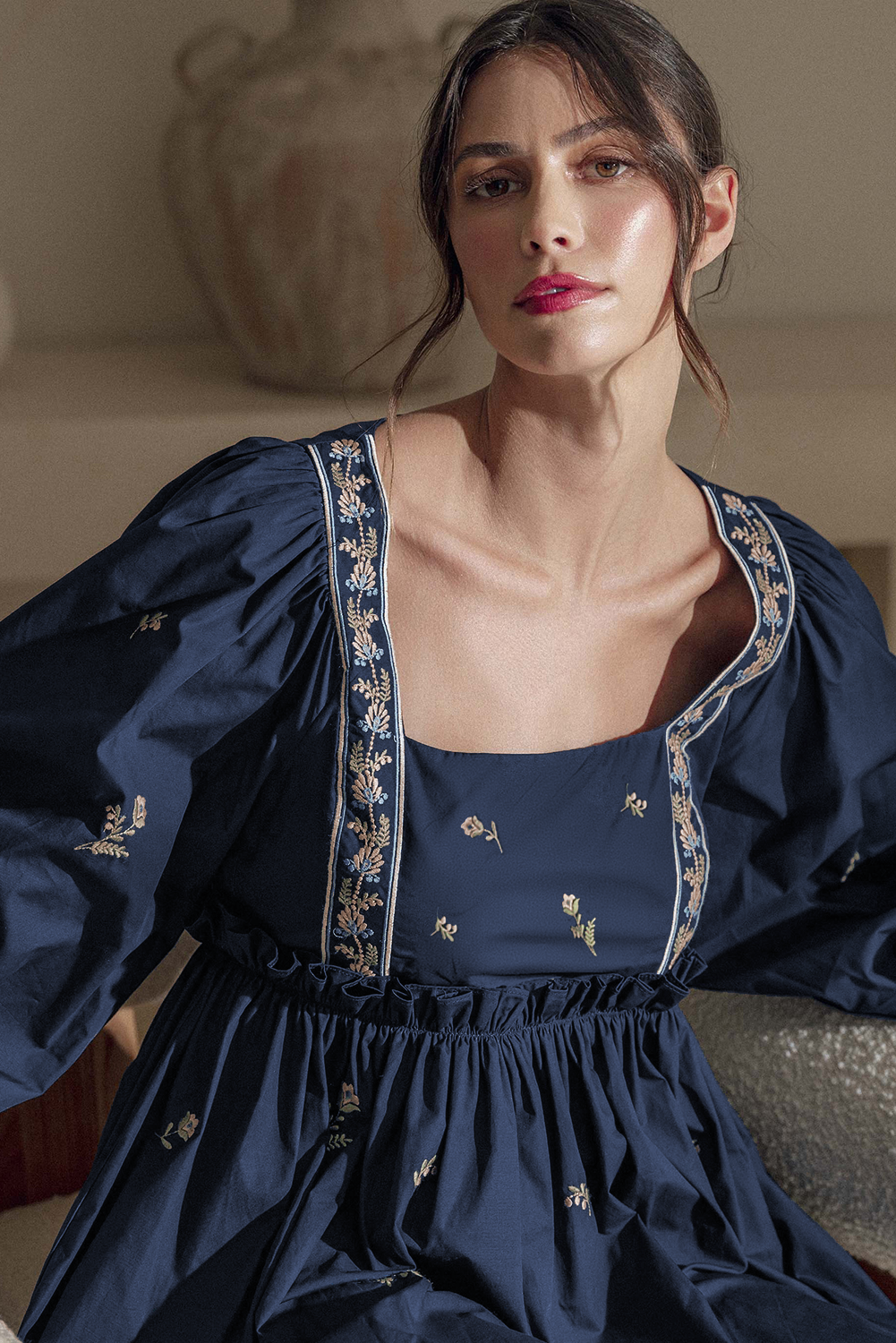 Blue Zone Planet | Blue Floral Embroidered Puff Sleeve Babydoll Dress-TOPS / DRESSES-[Adult]-[Female]-2022 Online Blue Zone Planet