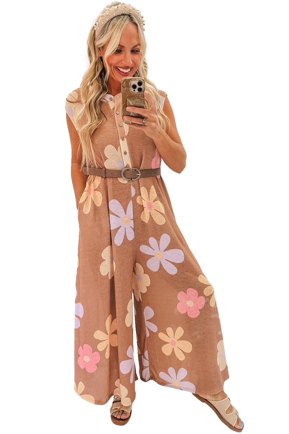 Khaki Floral Print Sleeveless Button up Wide Leg Loose Jumpsuit-Jumpsuits-[Adult]-[Female]-2022 Online Blue Zone Planet