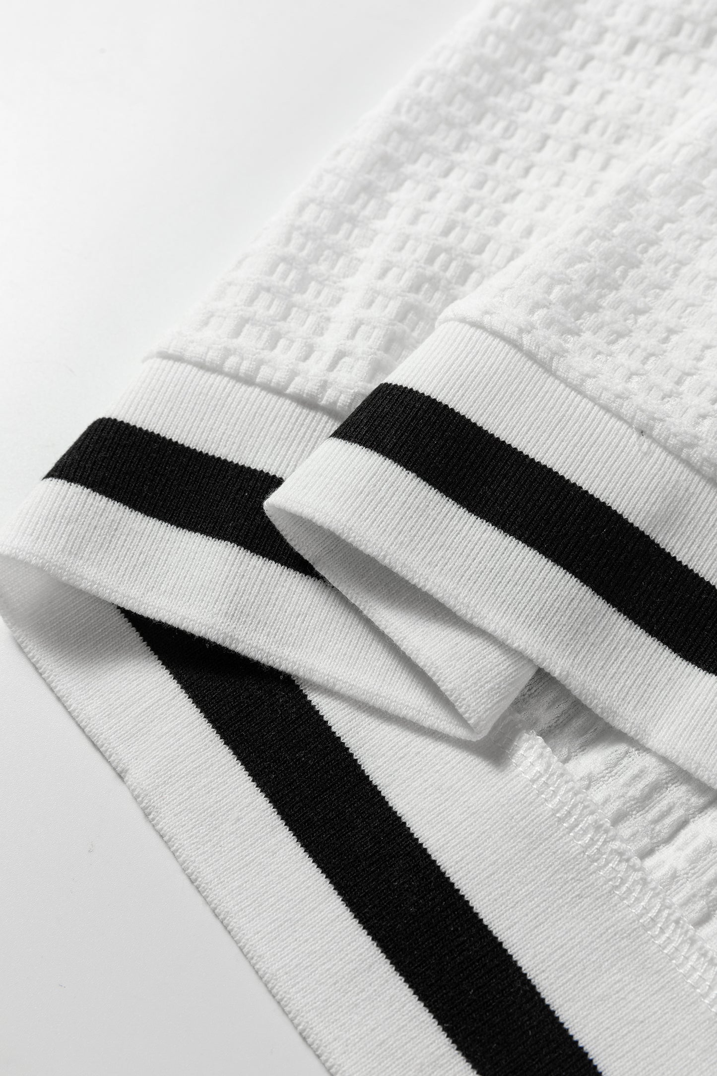 White Textured Knit Preppy Striped Trim V Neck Pullover Waffle Top-Tops/Long Sleeve Tops-[Adult]-[Female]-2022 Online Blue Zone Planet