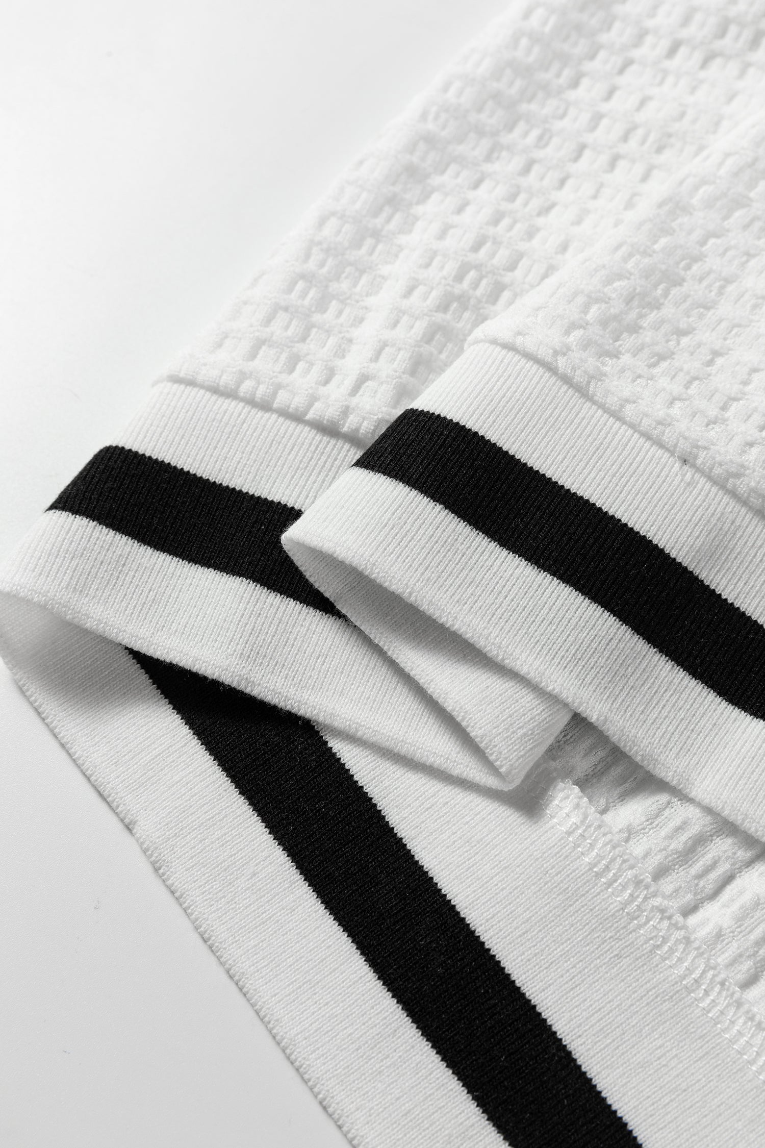 White Textured Knit Preppy Striped Trim V Neck Pullover Waffle Top-Tops/Long Sleeve Tops-[Adult]-[Female]-2022 Online Blue Zone Planet