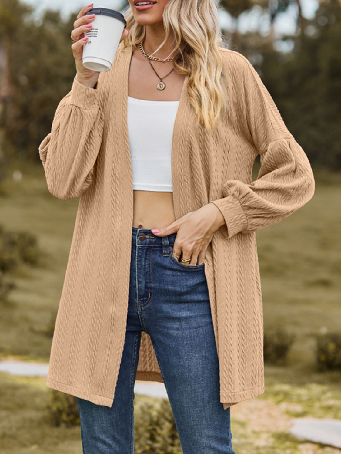 Textured Open Front Dropped Shoulder Cardigan-TOPS / DRESSES-[Adult]-[Female]-2022 Online Blue Zone Planet