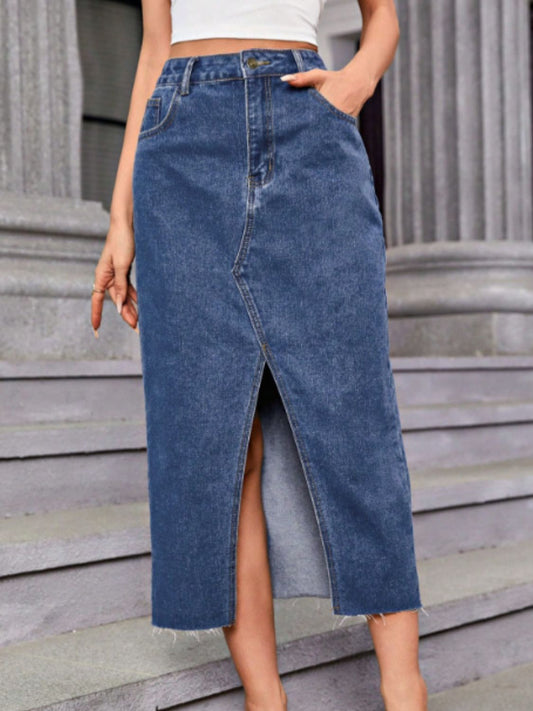 Blue Zone Planet | Slit Midi Denim Skirt with Pockets-BOTTOM SIZES SMALL MEDIUM LARGE-[Adult]-[Female]-Medium-XS-2022 Online Blue Zone Planet